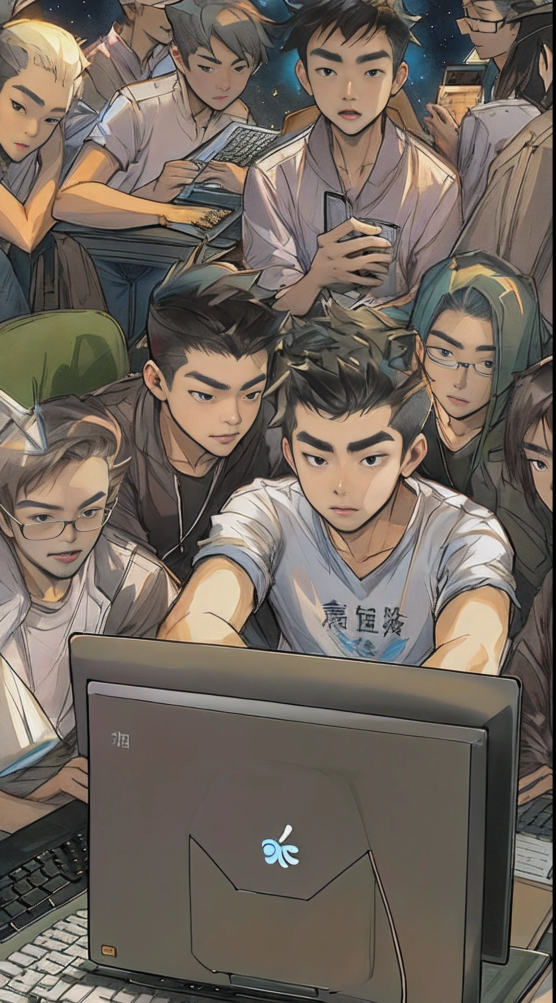 A young man sitting in front of a computer, brows furrowed, flipping through documents and typing on the keyboard. Surrounded by a group of passionate online friends, they gather together to constantly criticize the small country on the screen.,in the style of the stars art group xing xing, 32k, best quality, masterpiece, super detail, high details