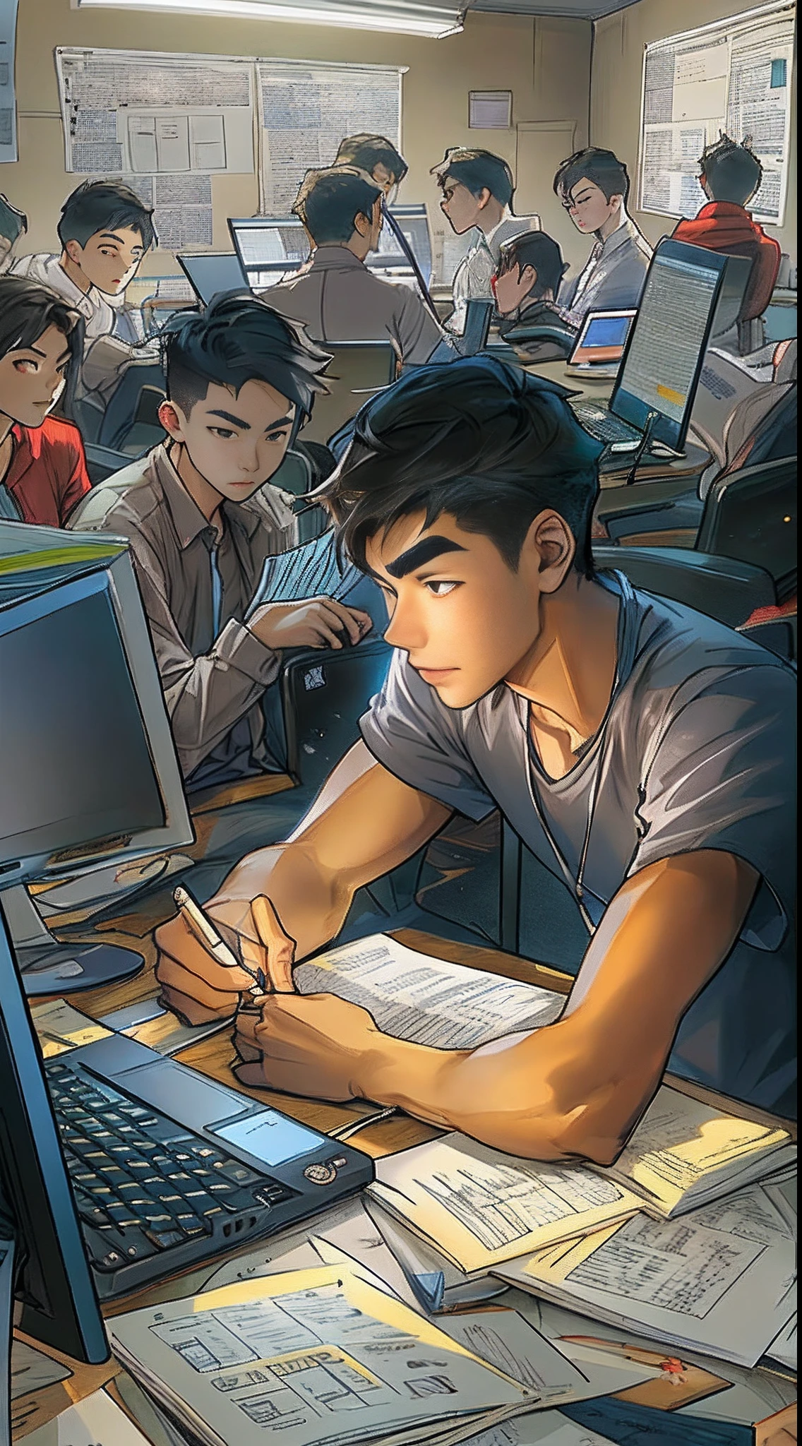 A young man sitting in front of a computer, brows furrowed, flipping through documents and typing on the keyboard. Surrounded by a group of passionate online friends, they gather together to constantly criticize the small country on the screen.,in the style of the stars art group xing xing, 32k, best quality, masterpiece, super detail, high details