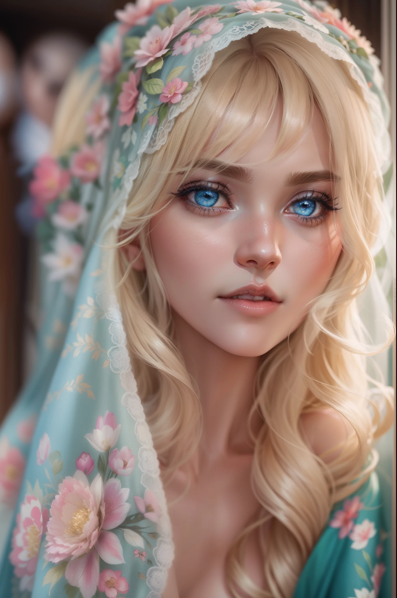 Blonde woman with blue eyes and veil on head、Soft portrait shots 8 k、Photorealistic beautiful face、8K portrait rendering、Realistic beautiful face、beautiful realistic face、photorealistic anime girl render、hyperrealistic beautiful face、8K realistic digital art、realistic digital art 4k、realistic digital art 4 k、very realistic digital art,{{{{Dynamic Angle Full Body}}}},{{{{{dynamic pose standing}}}}},{{{{Floral printed kimono}}}}