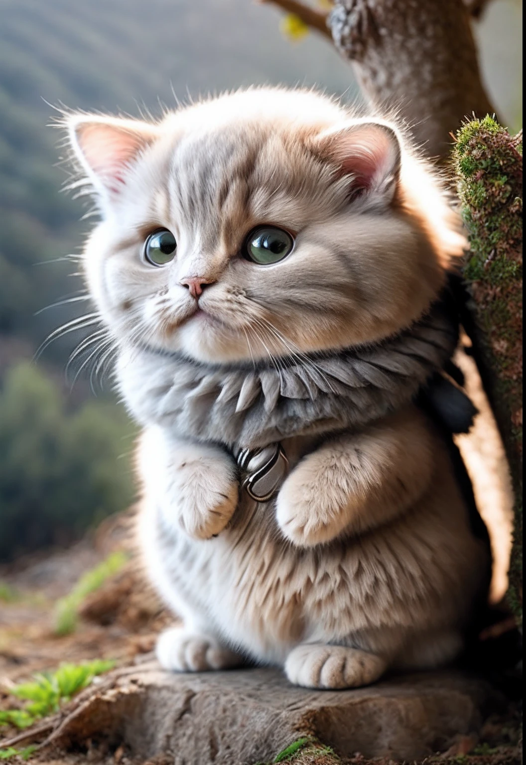 Fluffy cat sitting near the roots of a tree in the middle of the mountain, cute