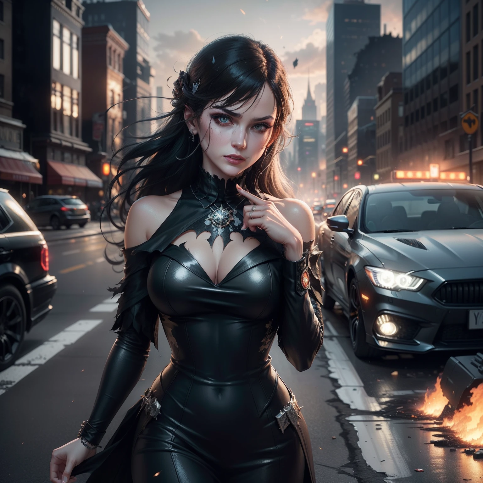High detail CG,The ultra-realistice,Delicate details,Rich in graphics,"Gotham Joker",Background bokeh,Destroyed cities,Car accident,Madness,Blurry flames,