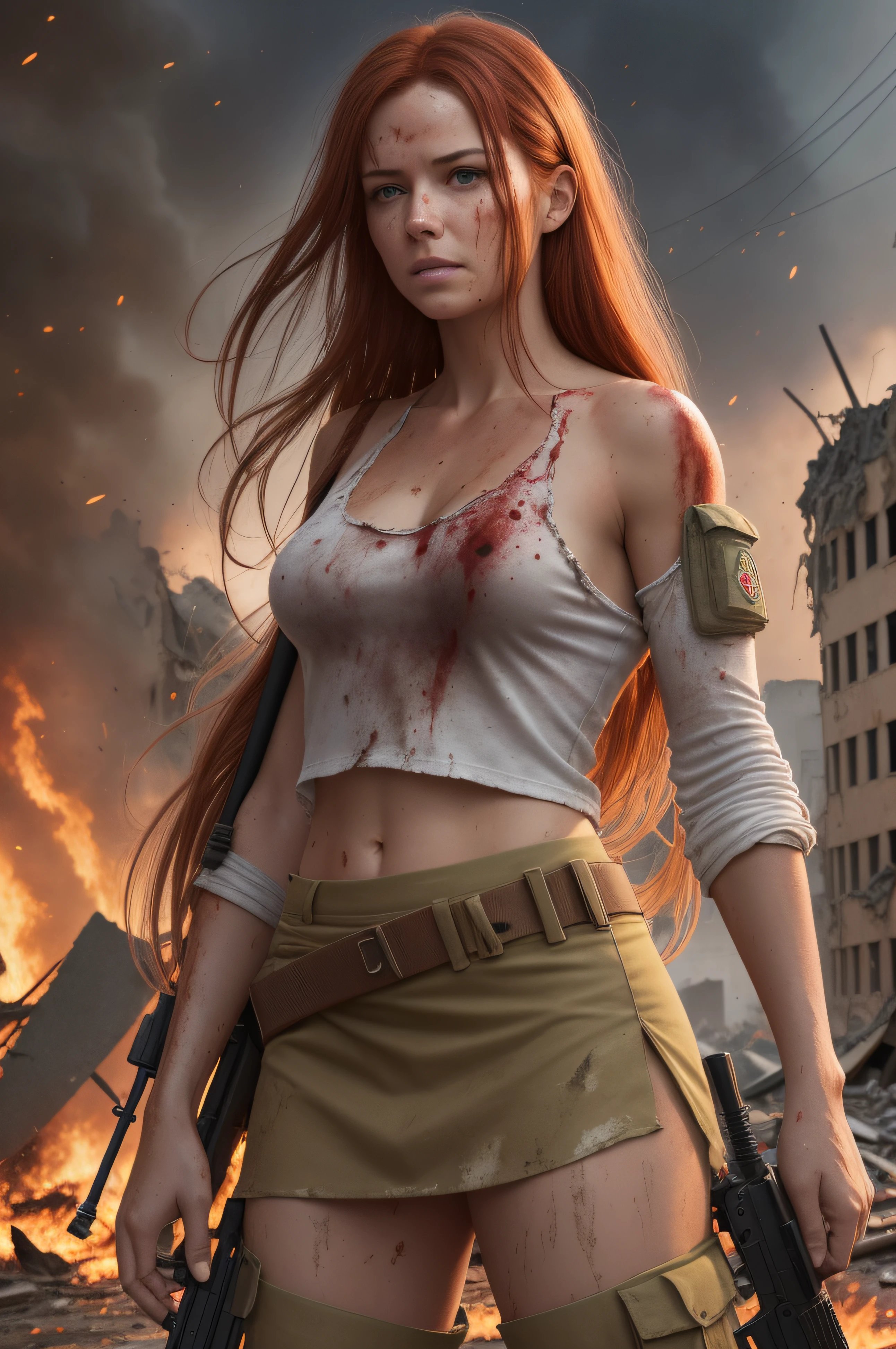 Three tanned red-haired women with very long hair stumbles through the streets of a ruined city with a naked wet upper body, and a bleeding gunshot wound in her left shoulder. An automatic rifle in her right hand, full of mud, blood, and wounds, and wearing a torn skirt. Explosions and fires ravaged the devastated city everywhere.