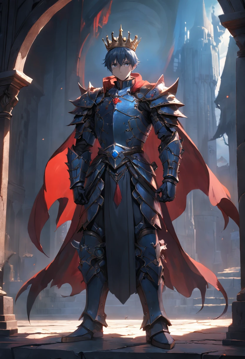 wang, concept-art, author:Kentaro Miura, Fantasyart, dark fantacy, Nordic kingdom, clean render, United Nations, with armour, The character is standing, 9k realism, There is a crown, Fantasia Middle Ages, By wide, pelo negro, red eyes, Art Station homepage, Fantasia Middle Ages, llight rays
