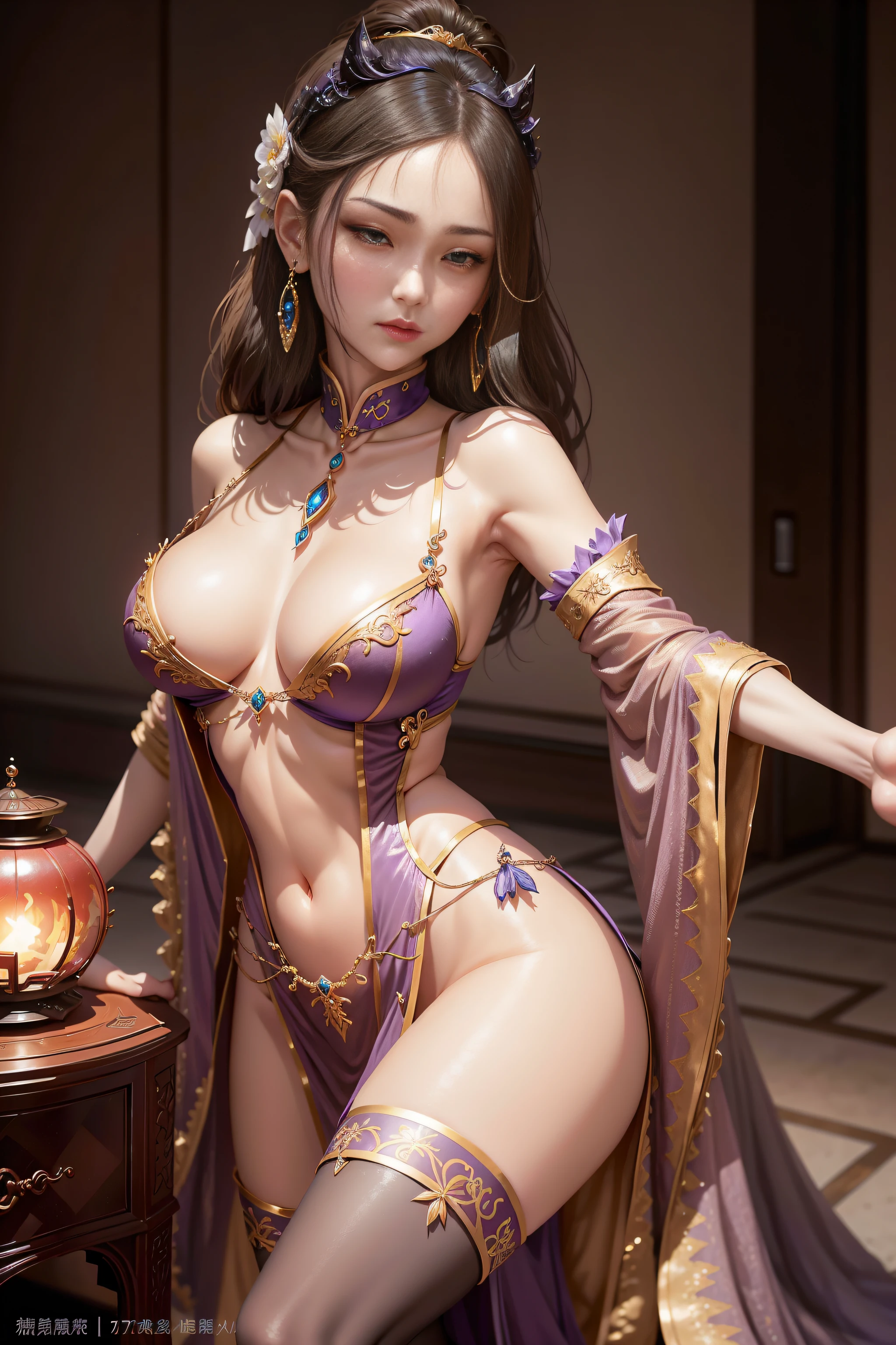 The female emperor is a mysterious and majestic character。She has an awesome look,At the same time, it also has the temperament of combining elegance and strength。
Her costumes are gorgeous and mysterious。She was dressed in a purple robe,It is embroidered with a golden dragon and phoenix motif。The cuffs of the robe are wide,Gently fluttering as she moved。Around her neck she wears a necklace made of black pearls,A blue gemstone is set in the center of the necklace,shimmering with an enigmatic twinkle。Her long hair was combed into a towering bun,It was secured with a gold hairpin set with sapphires。Between her foreheads,Painted with a mysterious imprint,Symbolizes her power and status。
Her face was cold and noble,It has snow-white skin and delicate facial features。Her eyes were deep black,Reveals a sharp gaze。The bridge of her nose is high,Ruddy lips,Slightly upturned,Exudes an alluring charm。She wears two gold earrings on her ears,The earrings are set with red gemstones,shimmering with an enigmatic twinkle。
Her temperament is noble and elegant,Every movement is filled with confidence and strength。Her pace is light and steady,Each step exudes a powerful aura。She spoke in a low and clear voice,Every word makes people feel her authority and wisdom。
generally,This female emperor possesses elegance、noble、mistic、Strong temperament,It is impossible to ignore her presence。She is a charismatic character in Xiuxian novels,It is also an important driving force for the development of the story。