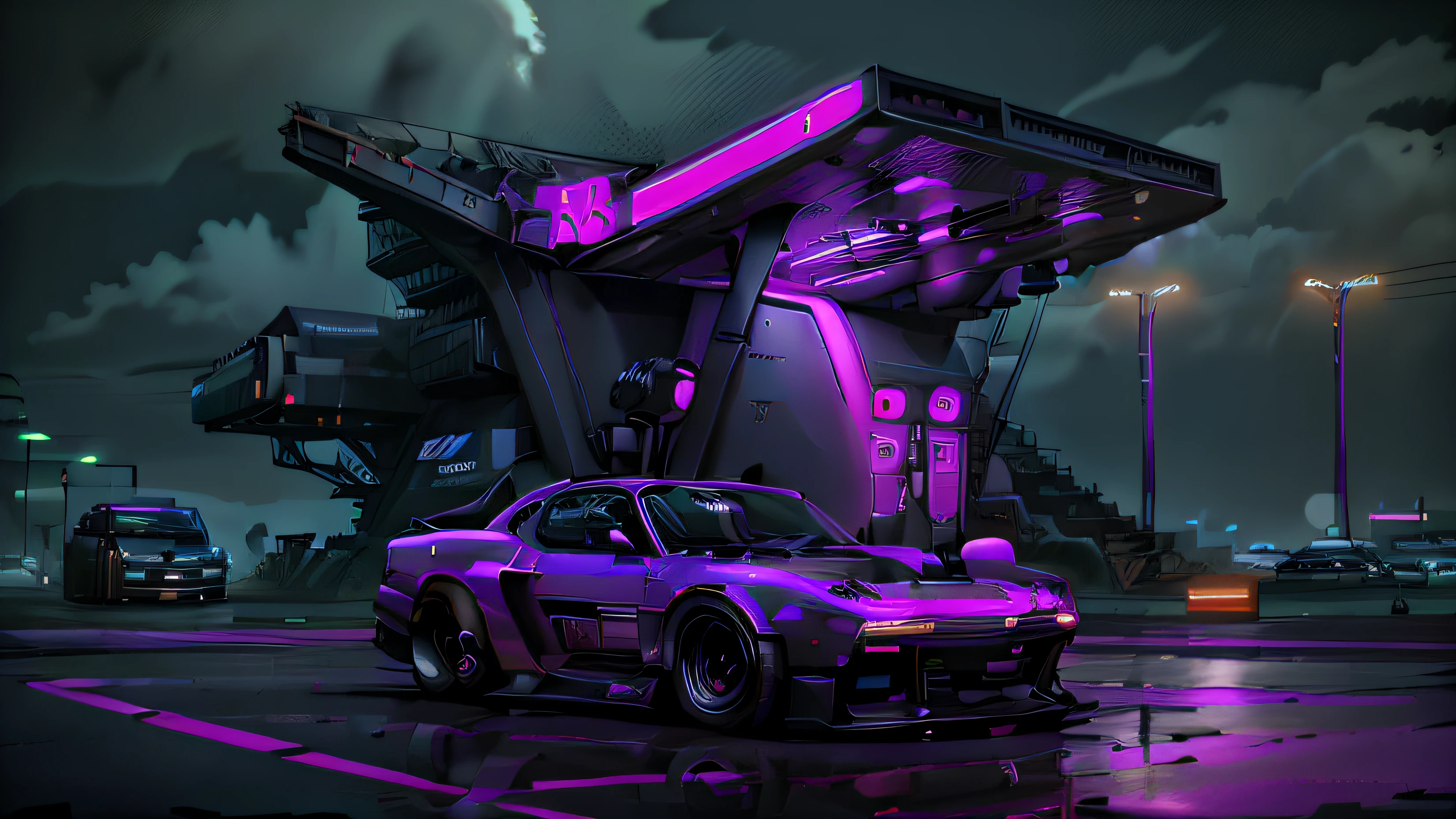 purple neon gas station with a car parked in front, neon fog, foggy neon night, misty neon lights, artem demura beeple, synthwave neon retrofuturism, in style of beeple, neon lit, mechanical features and neon, beeple. octane render, synthwave aesthetic, dark retrowave, neon dark lighting