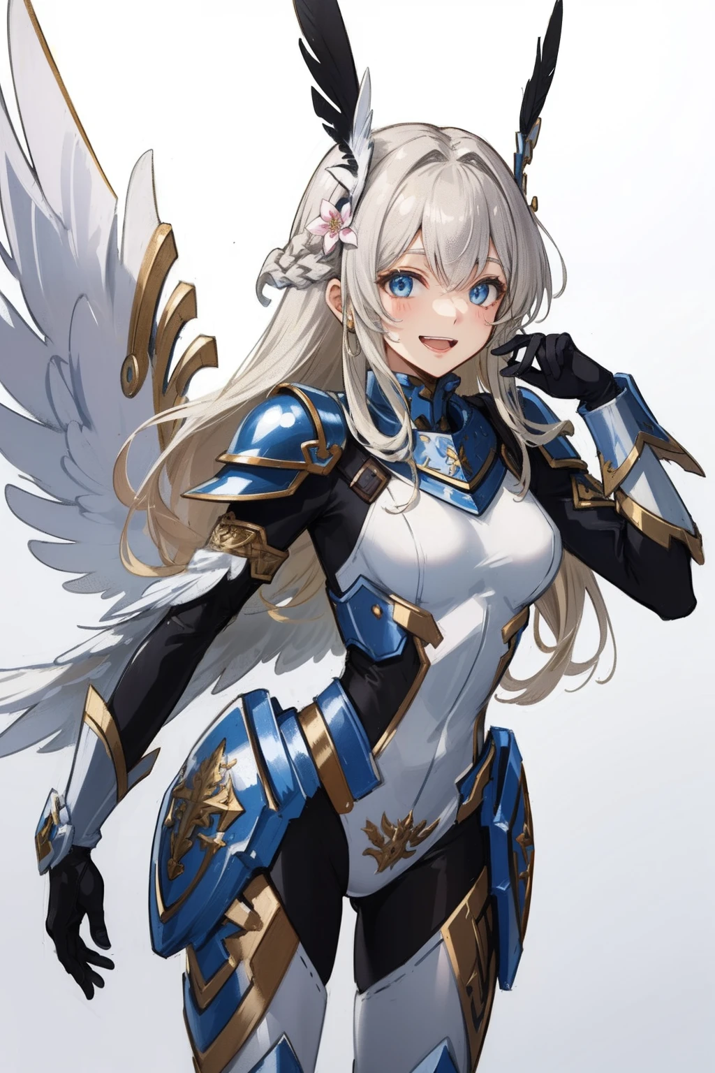 (master piece, Best Quality), Intricate details, valkyrie, kawaii, Happy smile, (((Laugh))), Hand up, Looking at Viewer, Feather Headgear, Flower meadow,
1 girl in, Solo, Portrait, Tentacle Plutinum Blonde Hair, droopy blonze eyes, Silver Single Thigh, White Independent Single Sleeve, gloves, Single braid,
mecha musume, White bodysuit, Silver Reinforced Suit, Mini Feather Wing, silver pantyhose, full armor, flower decoration, equip sword, equip shield