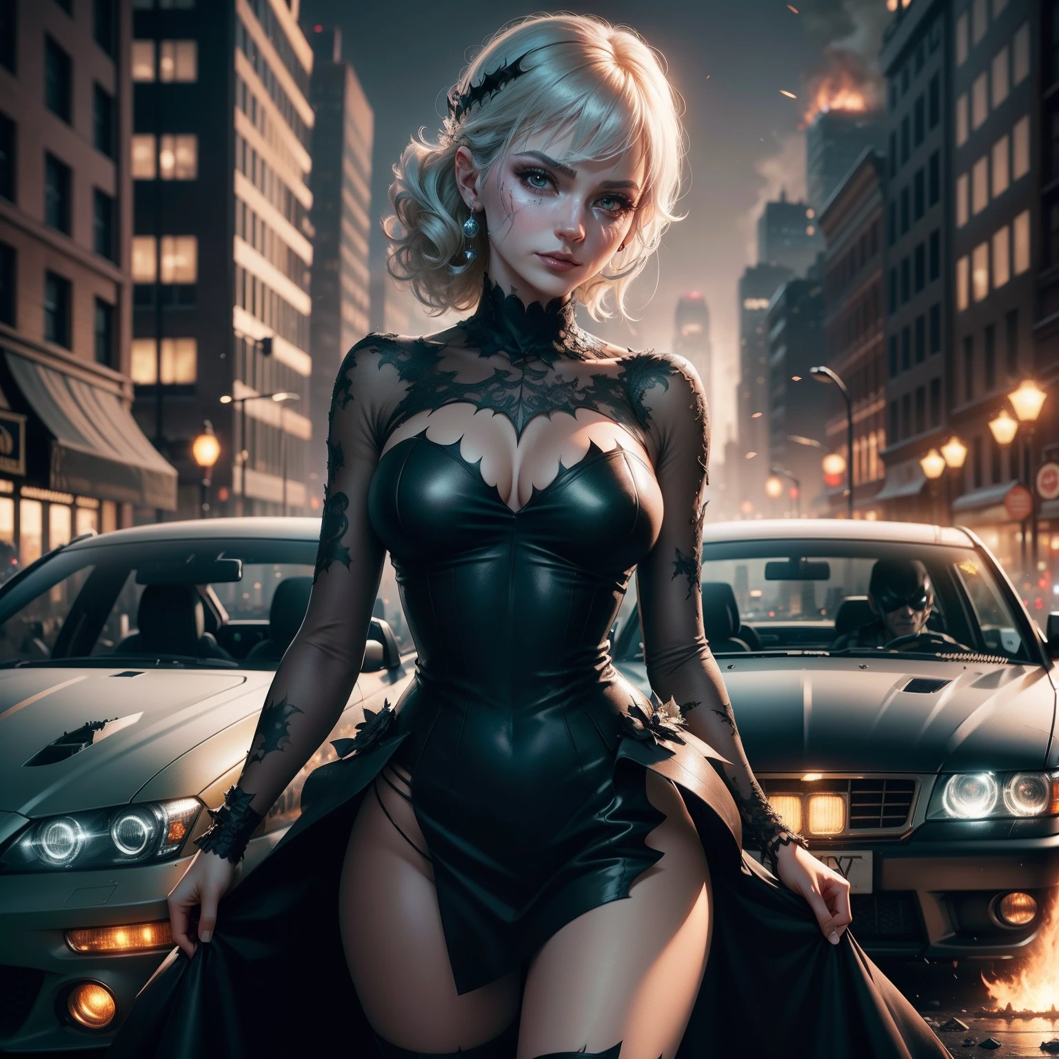 High detail CG，The ultra-realistice，Delicate details，Rich in graphics，Gotham Joker，Background bokeh，Destroyed cities，Car accident，Madness，Blurred flames，