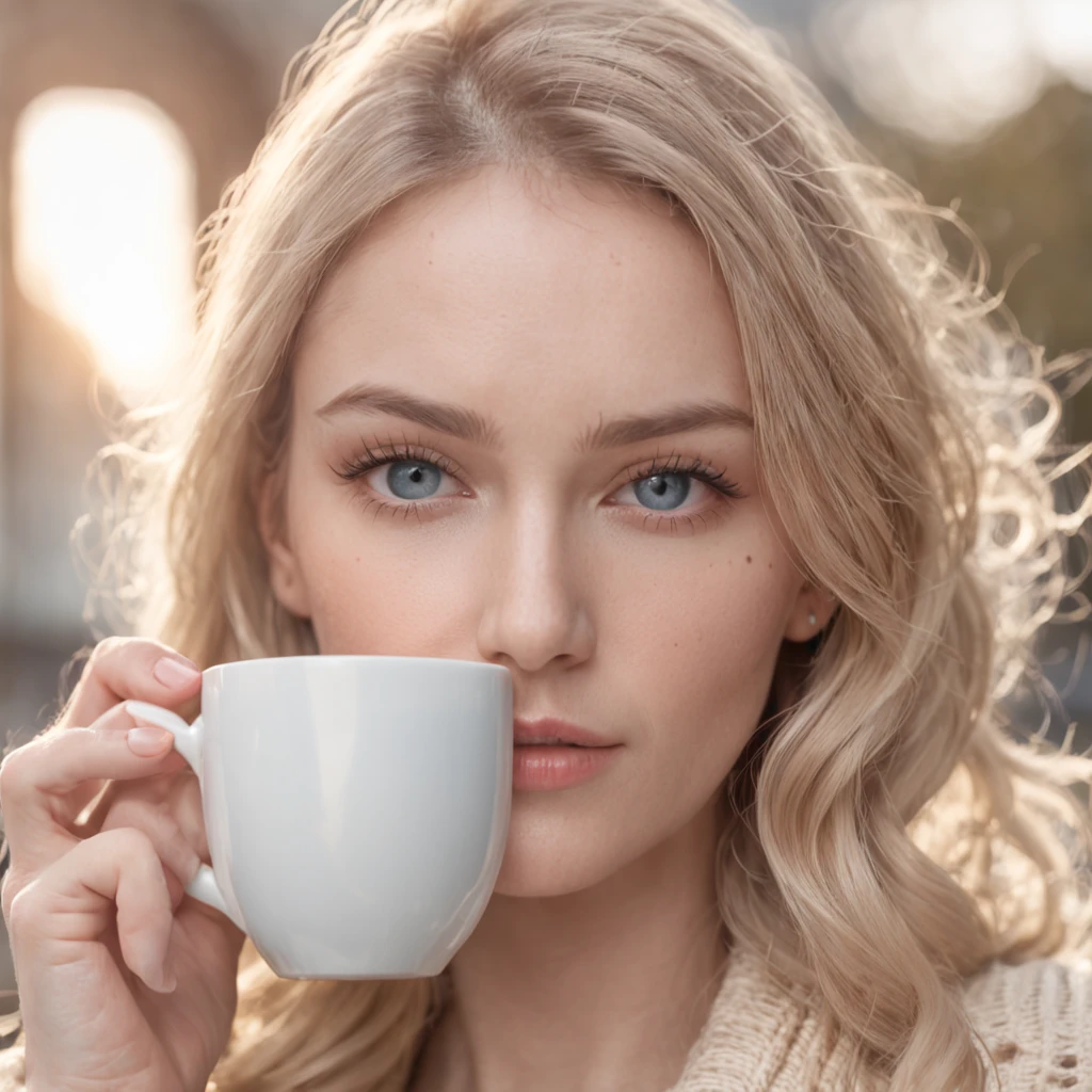 beautiful blonde wearing beige sweater (sipping coffee inside a modern café at sunset), very detailed, 21 years old, innocent face, natural wavy hair, blue eyes, high resolution, masterpiece, best quality, intricate details, highly detailed, sharp focus, detailed skin, realistic skin texture, texture, detailed eyes, professional, 4k, charming smile, shot on Canon, 85mm, shallow depth of field, kodak vision color, perfect fit body, extremely detailed, foto_\(ultra\), photorealistic, realistic, post-processing, maximum detail, roughness, real life, ultra realistic, photorealism, photography, 8k uhd, photography
