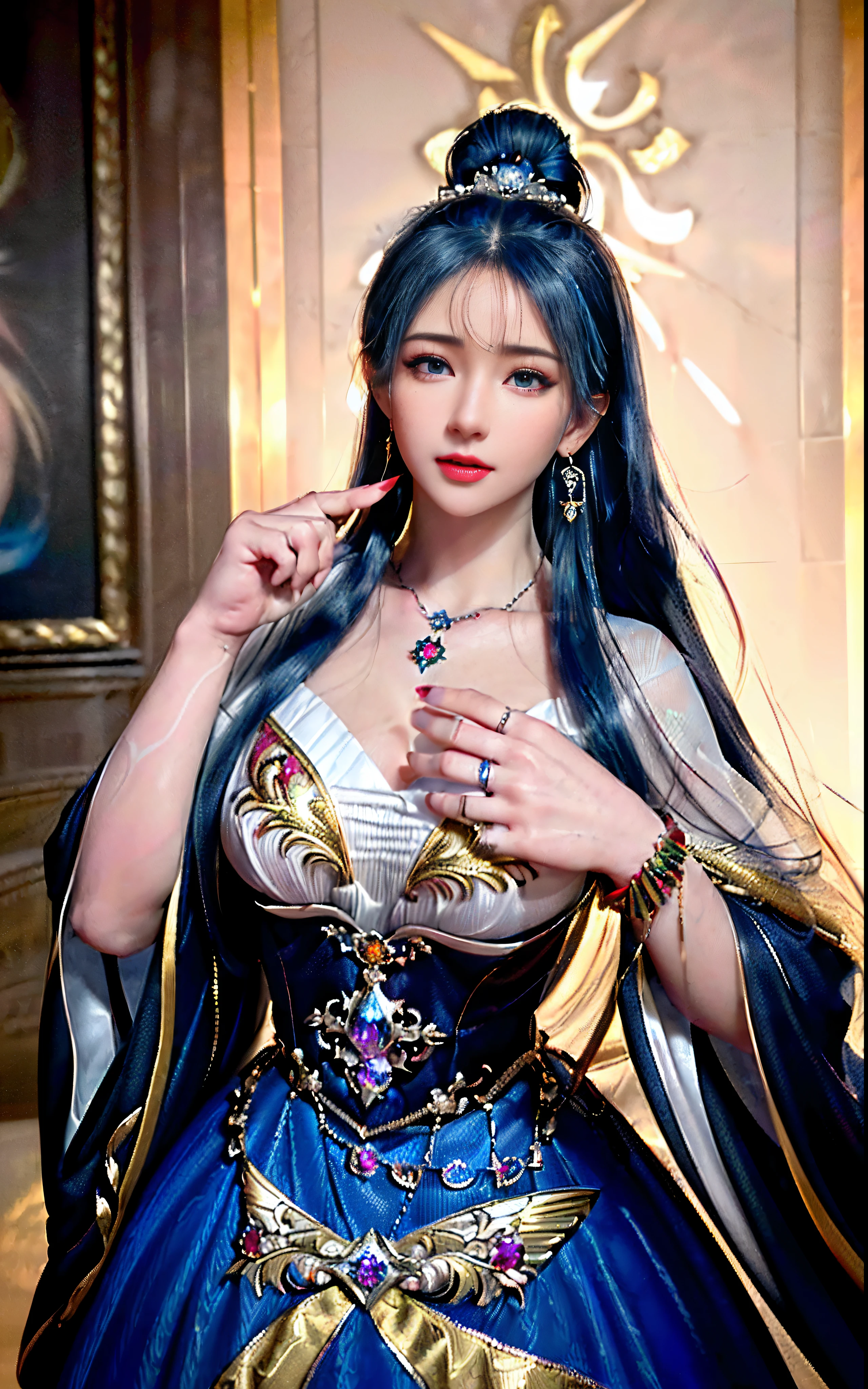 ((realisticity: 1.2)), ((realistic: 8K UHD)), ((best resolution: 8K UHD)), hyper detailed, best quality,masterpiece,highres,cg, ((1 girl hyper detailed and hyper realistic) ) , ((beautiful queen, hyper realistic and hyper detailed)),((white skin, beautiful, smooth, youthful, hyper realistic and hyper detailed )), ((Face hyper beautiful, white, hyper realistic and hyper detailed ) ), long hair, ((hyper realistic and hyper detailed dress)), solo, ((hyper realistic, hyper beautiful, beautiful and hyper detailed jewelry)), ((hyper beautiful deep red and golden yellow dress, hyper realistic and hyper detailed )) , ((Her pretty, hyper realistic, hyper detailed diamond filled earrings)), ((Her gorgeous diamond haircut, hyper realistic and hyper detailed)), ((hyper pretty upper body, hyper beautiful, hyper realistic and hyper detailed) ), ((medium breast: 1.5)), ((hyper realistic, hyper pretty, hyper detailed boobs)), ((the backgroun of the royal palace is hyper majestic, hyper realistic and hyper detailed)),((hands and palms hyper beautiful, hyper detailed, hyper realistic)), ((hyper pretty, hyper pretty, hyper realistic and hyper detailed hair bun)), ((hyper pretty , hyper realistic and hyper detailed blue hair)), candid, Photo, high resolution, 8k , bokeh,