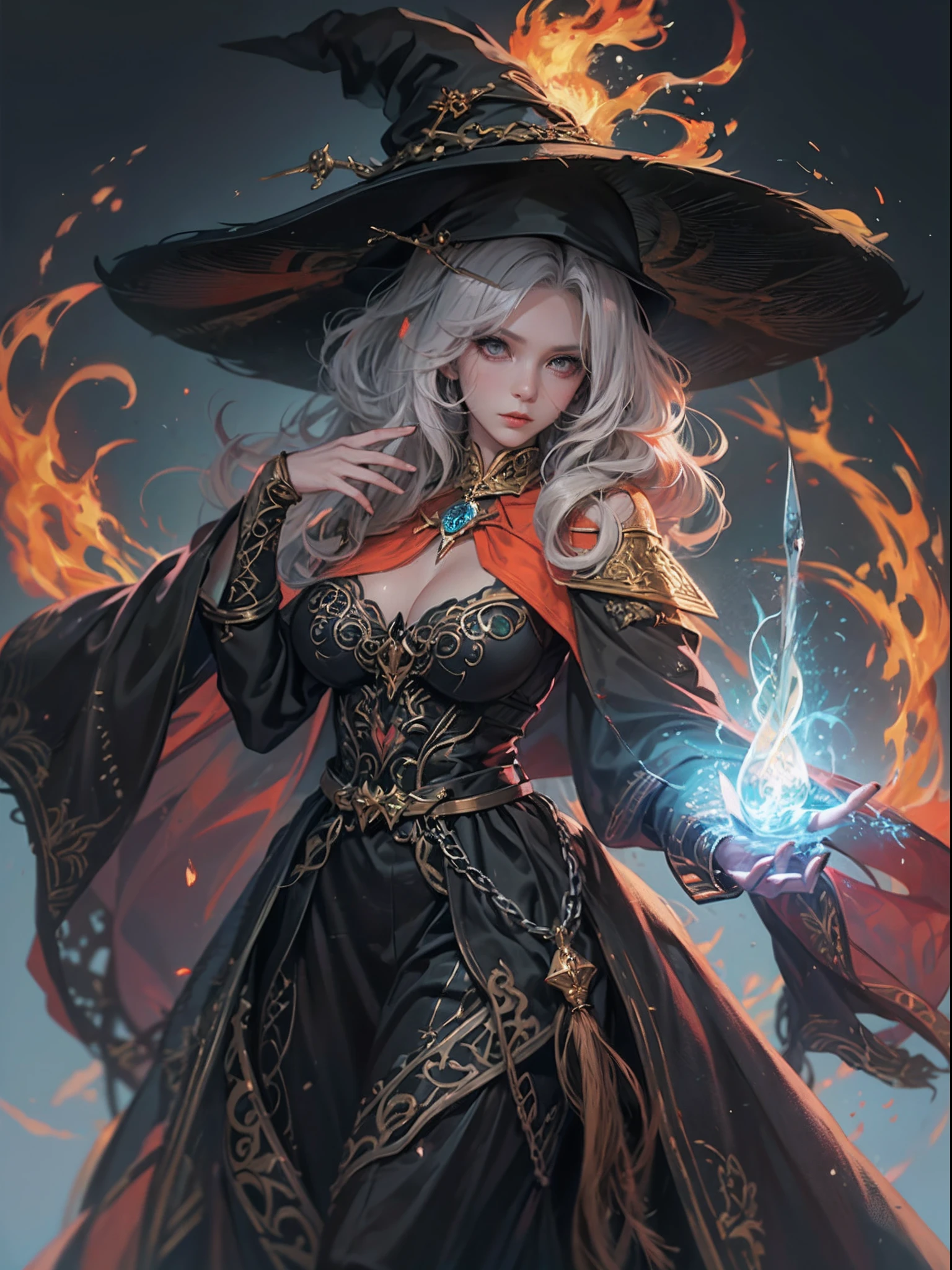 Dressed in a witch costume holding a bright wand, female mage conjuring a spell, dark fantasy female mage, female sorceress portrait, beautiful female sorceress, female mage, female fire mage, fire mage character