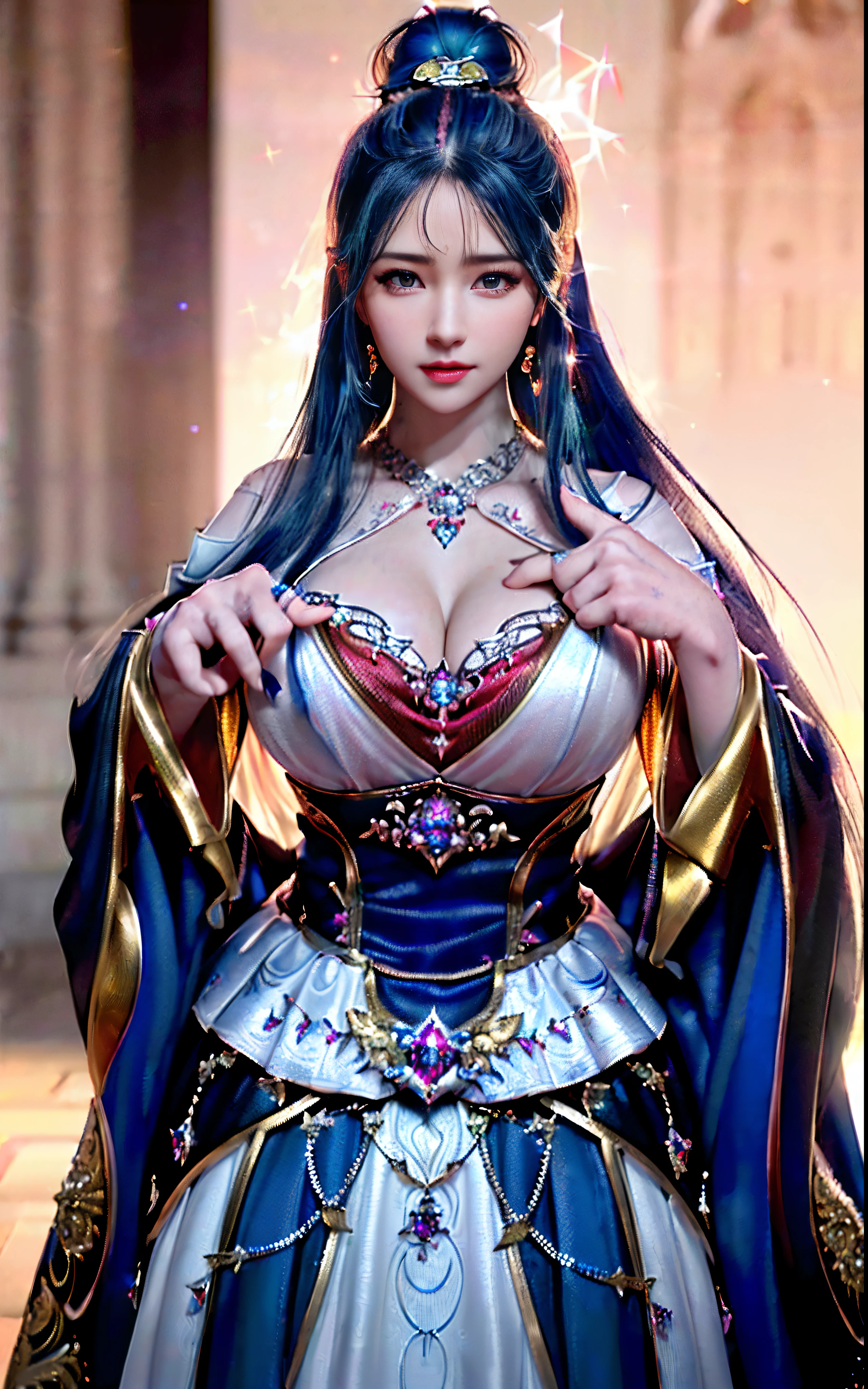 ((realisticity: 1.2)), ((realistic: 8K UHD)), ((best resolution: 8K UHD)), hyper detailed, best quality,masterpiece,highres,cg, ((1 girl hyper detailed and hyper realistic) ) , ((beautiful queen, hyper realistic and hyper detailed)),((white skin, beautiful, smooth, youthful, hyper realistic and hyper detailed )), ((Face hyper beautiful, white, hyper realistic and hyper detailed ) ), long hair, ((hyper realistic and hyper detailed dress)), solo, ((hyper realistic, hyper beautiful, beautiful and hyper detailed jewelry)), ((hyper beautiful deep red and golden yellow dress, hyper realistic and hyper detailed )) , ((Her pretty, hyper realistic, hyper detailed diamond filled earrings)), ((Her gorgeous diamond haircut, hyper realistic and hyper detailed)), ((hyper pretty upper body, hyper beautiful, hyper realistic and hyper detailed) ), ((medium breast: 1.1)), ((hyper realistic, hyper pretty, hyper detailed boobs)), ((the backgroun of the royal palace is hyper majestic, hyper realistic and hyper detailed)),((hands and palms hyper beautiful, hyper detailed, hyper realistic)), ((hyper detailed and hyper realistic fingers and fingernails)), ((hyper pretty fingernails, hyper vivid, hyper detailed, hyper realistic)), ((thumb, index finger, middle finger, ring finger, little finger hyper vivid, hyper pretty, hyper detailed, hyper realistic)),
((hyper beautiful fingers, hyper detailed, and hyper realistic)), ((posture not too fat and not too thin, hyper realistic, hyper detail)), ((hyper pretty, hyper pretty, hyper realistic and hyper detailed hair bun)), ((hyper pretty , hyper realistic and hyper detailed blue hair)), candid, Photo, high resolution, 8k , bokeh,