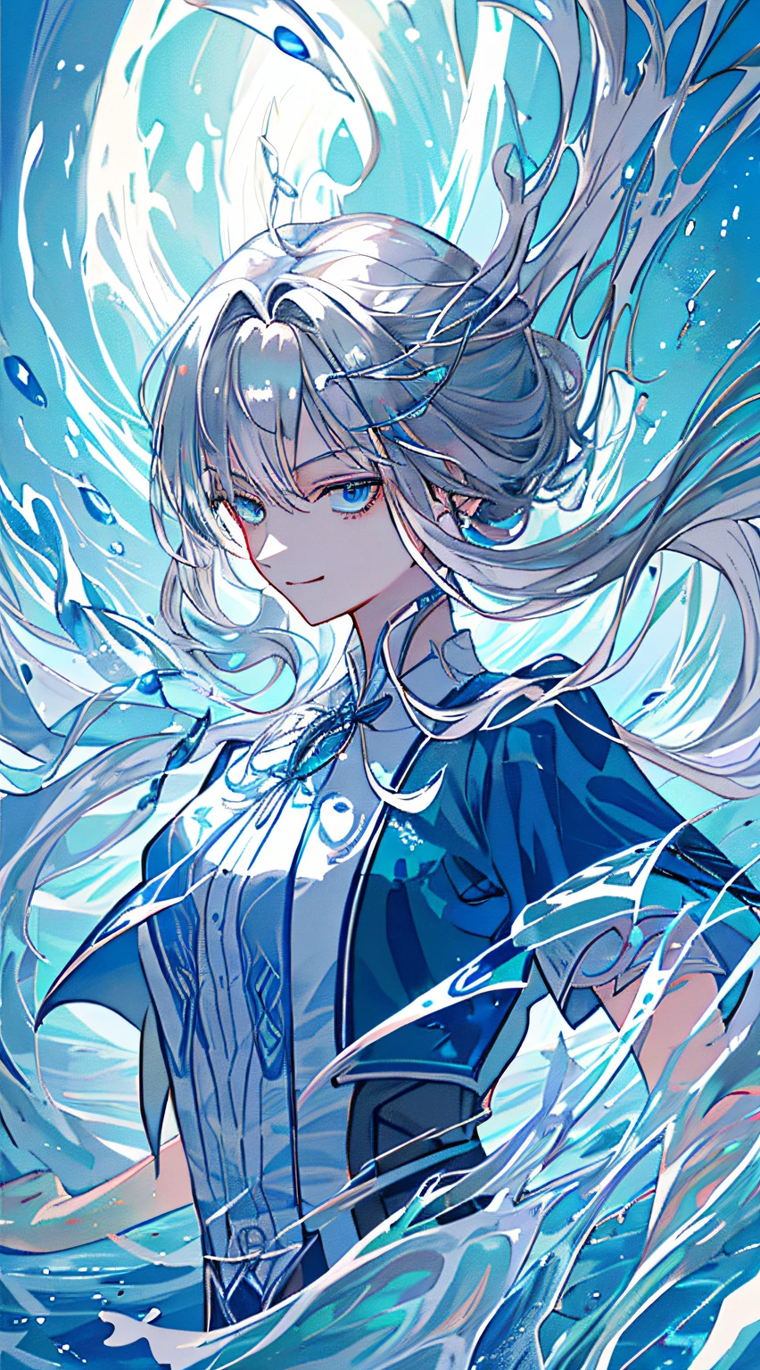 tmasterpiece，Need，illustration，Ocean blue，The shirt，aquamarine，1girll，Girl with long silver hair，silber hair，ssmile，（Dinamic Light：1.2），cinematric light，Delicate facial features，A detailed eye，realistic pupil，sharp fokus，water flowing，Marine features