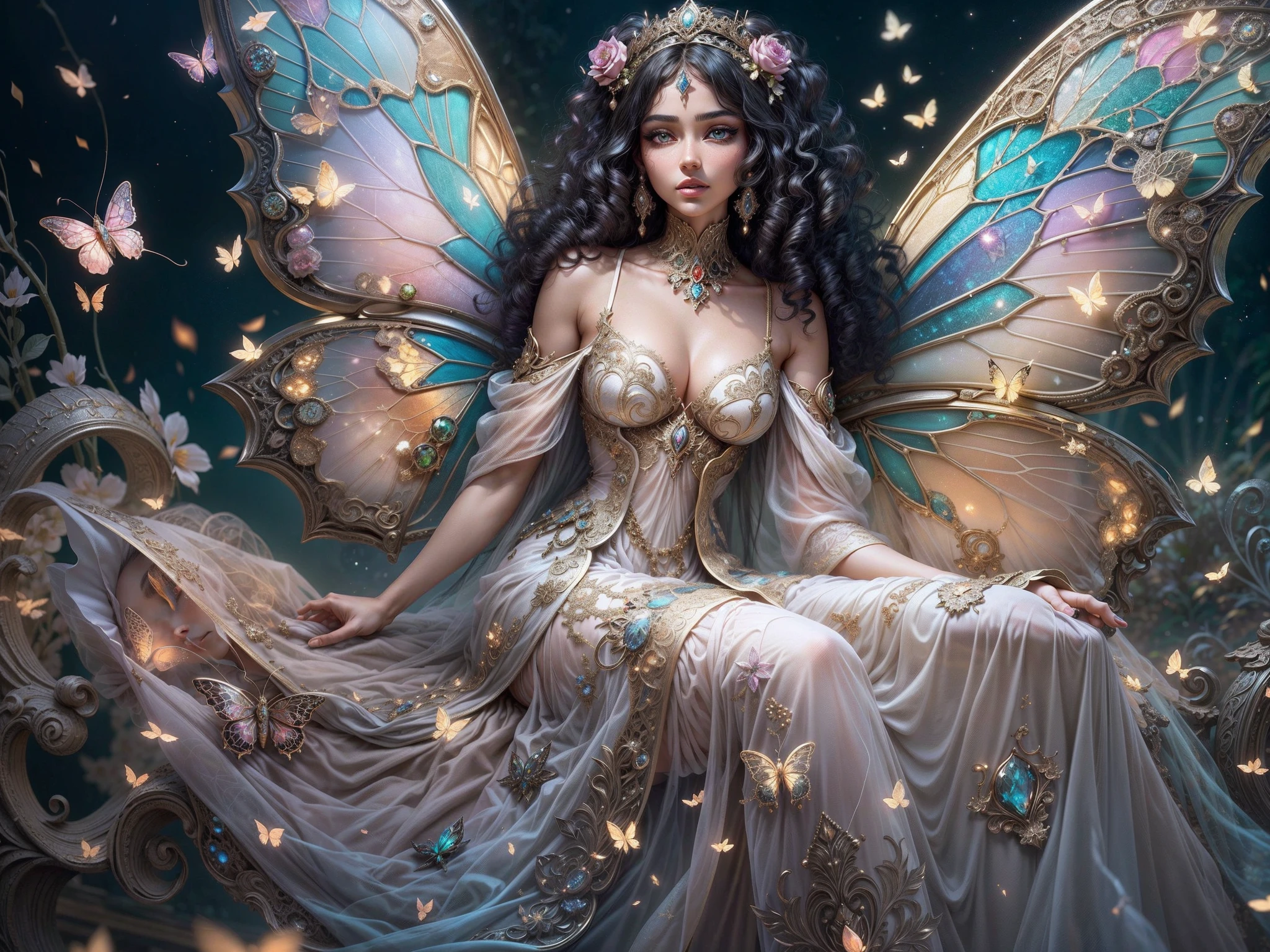 This is a realistic fantasy masterpiece with lots of shimmer, glitter, and intricate ornate detail. Generate one ite woman with a beautiful and delicate crown sitting on a garden swing at night. She is a beautiful and seductive butterfly queen with stunning curly black hair, (((incredibly realistic and detailed dynamic eyes in bright colors with realistic shading))).  Her skin is translucent white, her eyes sparkle, and her dress is elegant. Her dress is spun of the finest gossamer silk with delicate, intricate, and subtle floral detailing and gold silk butterfly sleeves. Her face is lovely and lonely. Include glow-in-the-dark flowers, lots of particles, highly realistic fantasy butteflies with translucent jewel-toned wings and fine detailing, and glow. The artwork is done in the style of Guviz and brings to mind masters in the genre such as trending fantasy works on Artstation and Midjourney. Camera: Utilize dynamic composition techniques to emphasize etherealness and delicate detail.