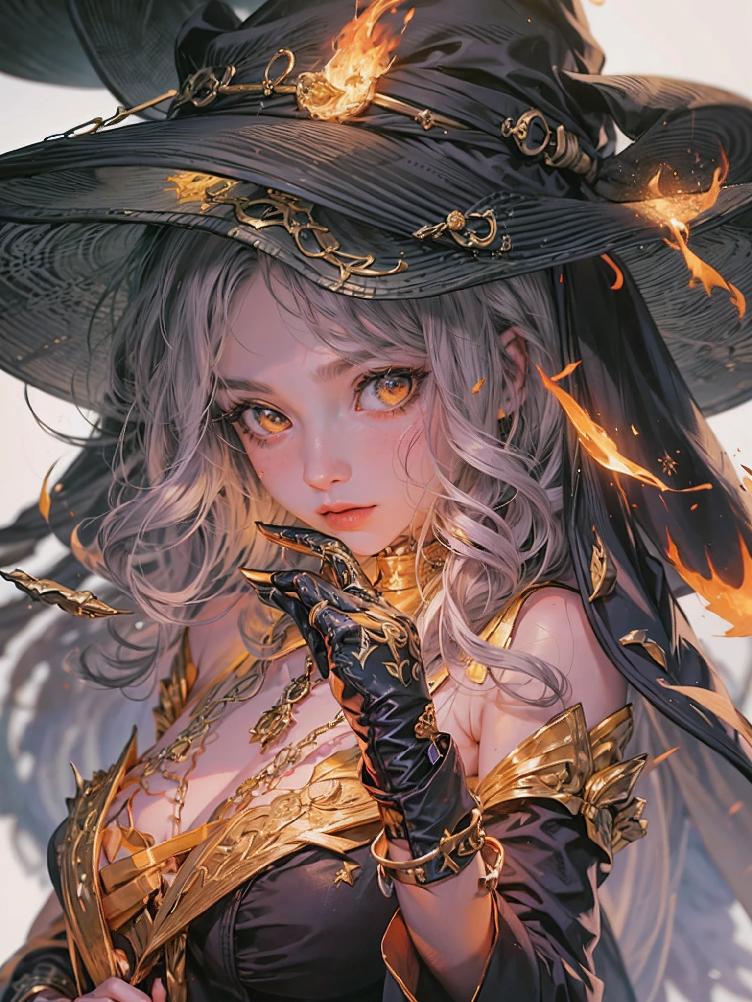 Dressed in a witch costume holding a bright wand, female mage conjuring a spell, dark fantasy female mage, female sorceress portrait, beautiful female sorceress, female mage, female fire mage, fire mage character