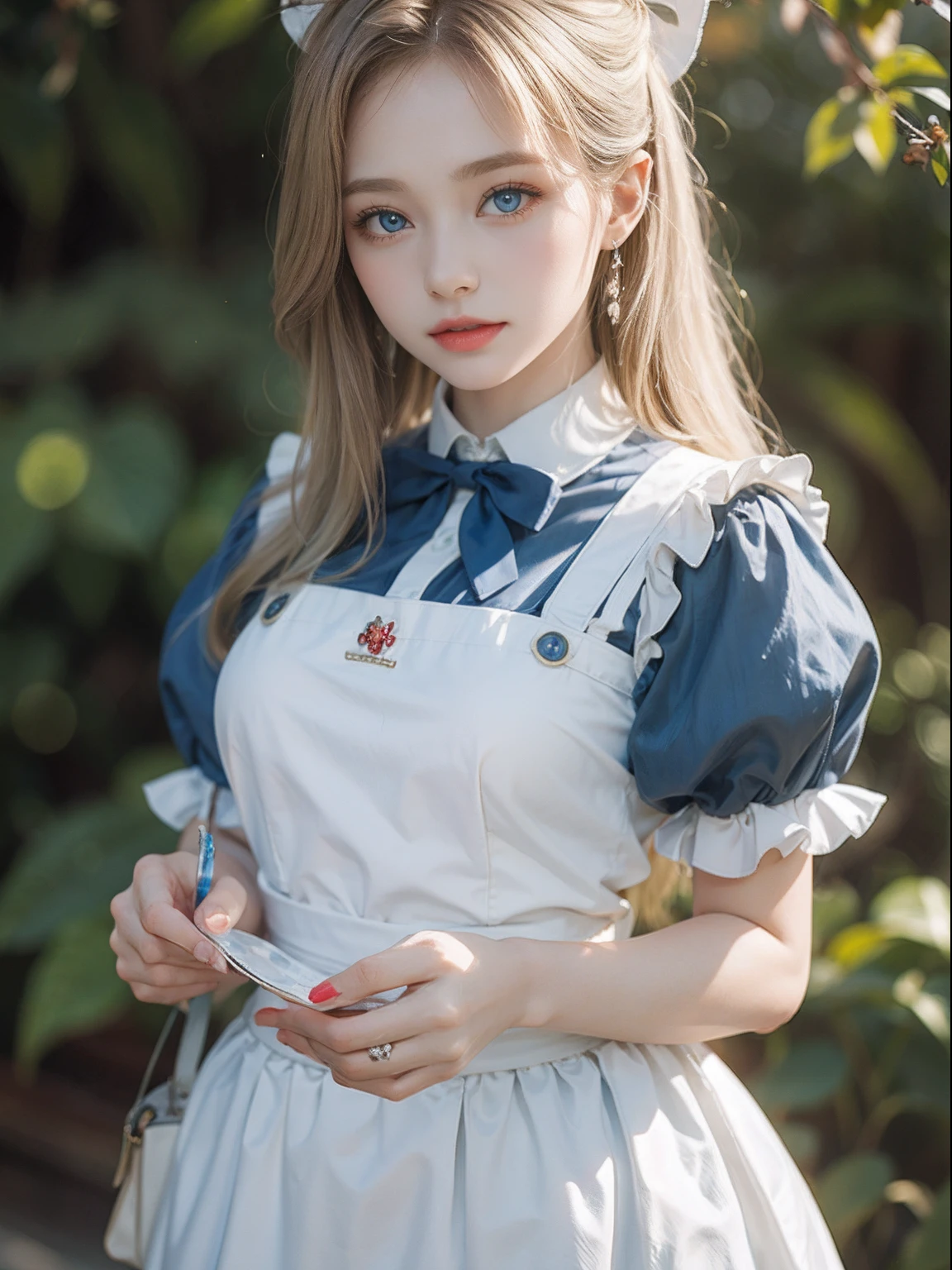 best quality, ultra highres, photoreaslistic, a photography of a cute girl, detailed face, (PureErosFace_V1:0.008), Alice in Wonderland, 13yo, blonde wavy hair, white apron, blue dress, playing card pattern background, no make-up