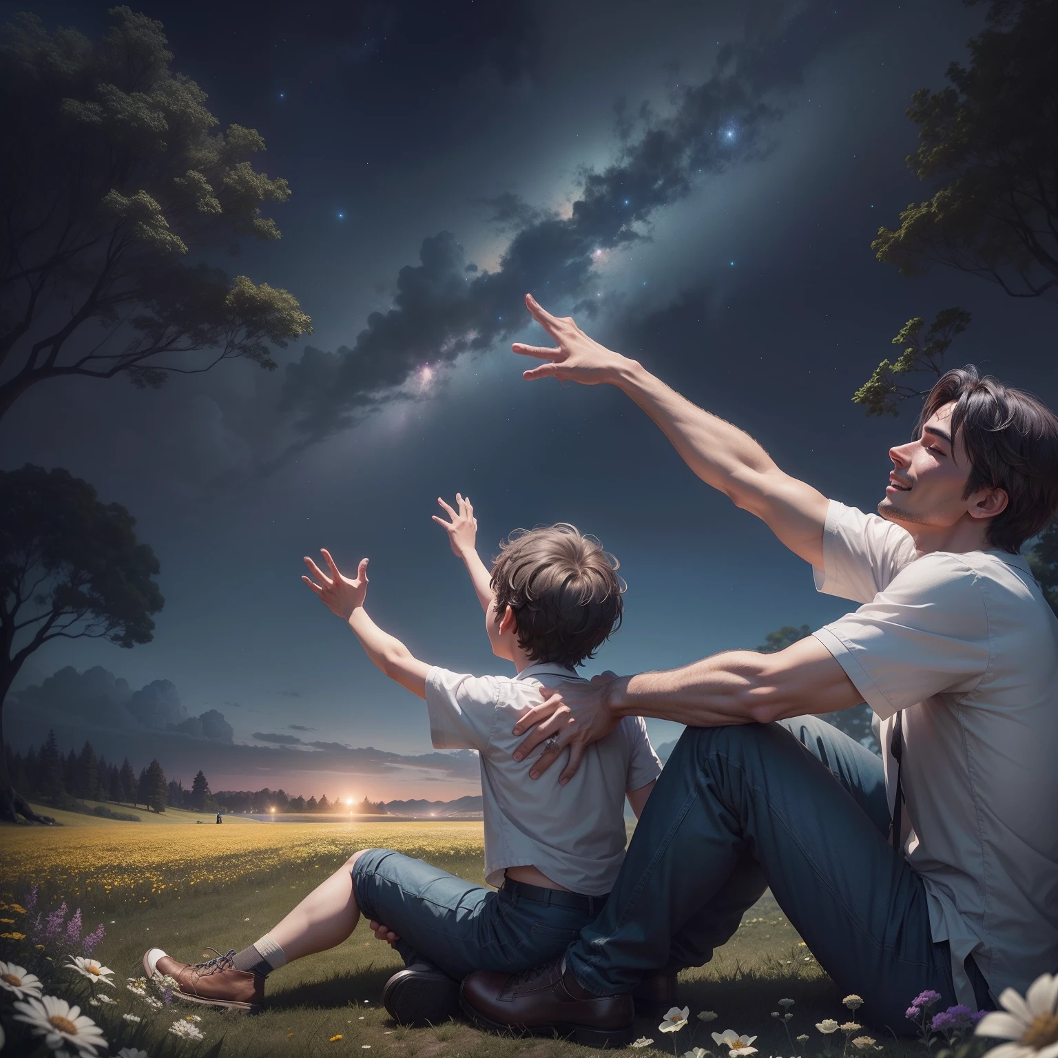Father and son sitting on the ground watching the starry sky in the midst of nature ezuberantam many trees and flowers, Father Points to Heaven, They're smiling and talking, ultrarrealista |, Arte Digital, 8k, Unreal Engine Render 8