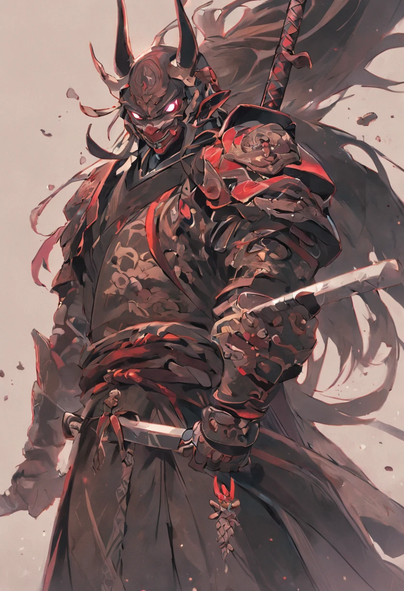 A closeup of a person with a naginata and a Hannya mask, cabelo longo branco rabo de cavalo, Arte conceitual de Feng Zhu, arte conceitual de um monge, Personagem conceitual, conceito detalhado de corpo inteiro, personagem de arte conceitual, arte conceitual detalhada de corpo inteiro, conceito de corpo inteiro, conceito de personagem de videogame, single character concept art, senior concept artist, arte conceitual do personagem, arte conceitual, conceito de personagem, personagem samurai, ninja, shinobi, demonio japones, Launched Naganata, mascara menpou, mascara samurai, Samurai armor on the arms,