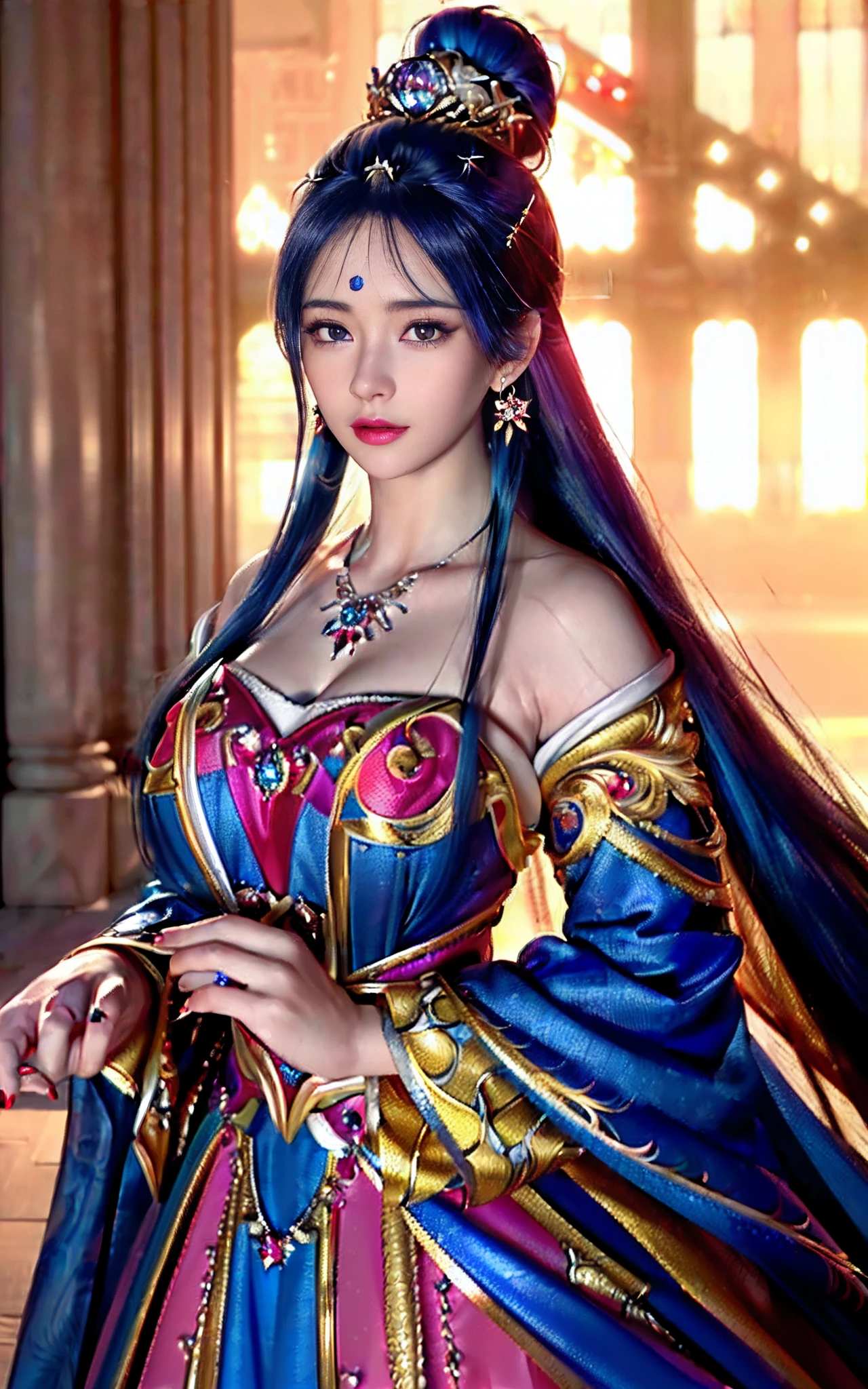 ((realisticity: 1.2)), ((realistic: 8K UHD)), ((best resolution: 8K UHD)), hyper detailed, best quality,masterpiece,highres,cg, ((1 girl hyper detailed and hyper realistic) ) , ((beautiful queen, hyper realistic and hyper detailed)),((white skin, beautiful, smooth, youthful, hyper realistic and hyper detailed )), ((Face hyper beautiful, white, hyper realistic and hyper detailed ) ), long hair, ((hyper realistic and hyper detailed dress)), solo, ((hyper realistic, hyper beautiful, beautiful and hyper detailed jewelry)), ((hyper beautiful deep red and golden yellow dress, hyper realistic and hyper detailed )) , ((Her pretty, hyper realistic, hyper detailed diamond filled earrings)), ((Her gorgeous diamond haircut, hyper realistic and hyper detailed)), ((hyper pretty upper body, hyper beautiful, hyper realistic and hyper detailed) ), ((medium breast: 1.1)), ((hyper realistic, hyper pretty, hyper detailed boobs)), ((the backgroun of the royal palace is hyper majestic, hyper realistic and hyper detailed)),((hands and palms hyper beautiful, hyper detailed, hyper realistic)), ((hyper detailed and hyper realistic fingers and fingernails)), ((hyper pretty fingernails, hyper vivid, hyper detailed, hyper realistic)), ((thumb, index finger, middle finger, ring finger, little finger hyper vivid, hyper pretty, hyper detailed, hyper realistic)),  
((hyper beautiful fingers, hyper detailed, and hyper realistic)), ((posture not too fat and not too thin, hyper realistic, hyper detail)), ((hyper pretty, hyper pretty, hyper realistic and hyper detailed hair bun)), ((hyper pretty , hyper realistic and hyper detailed blue hair)), candid, Photo, high resolution, 8k , bokeh,