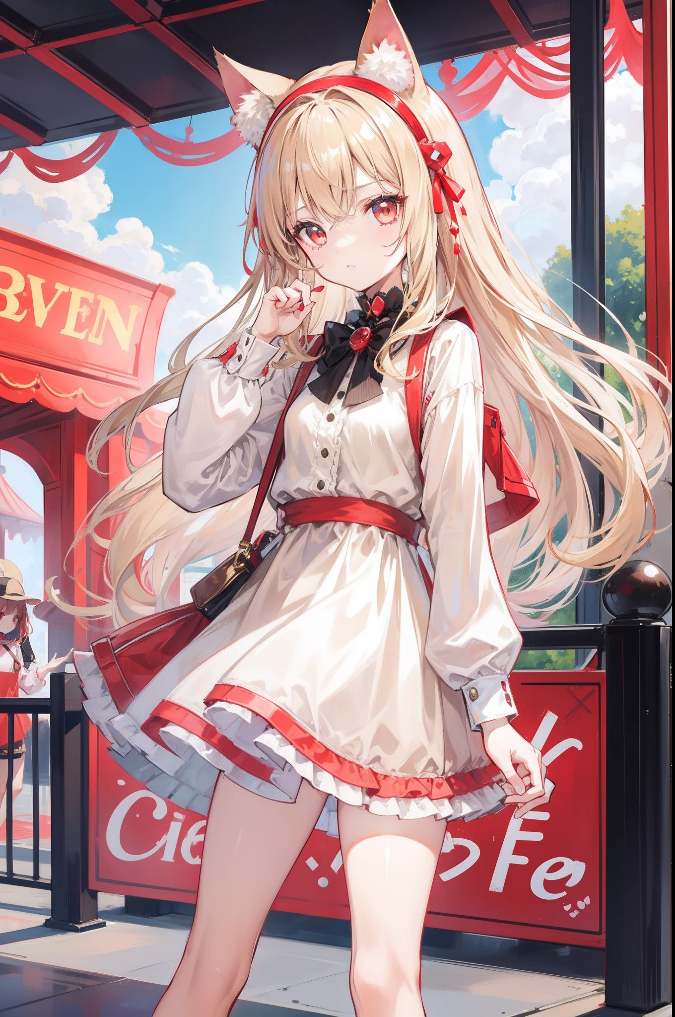 1girll,bit girl,Petite,Long beige hair,red color eyes,Cat ear headband,Casual dress,An amusement park