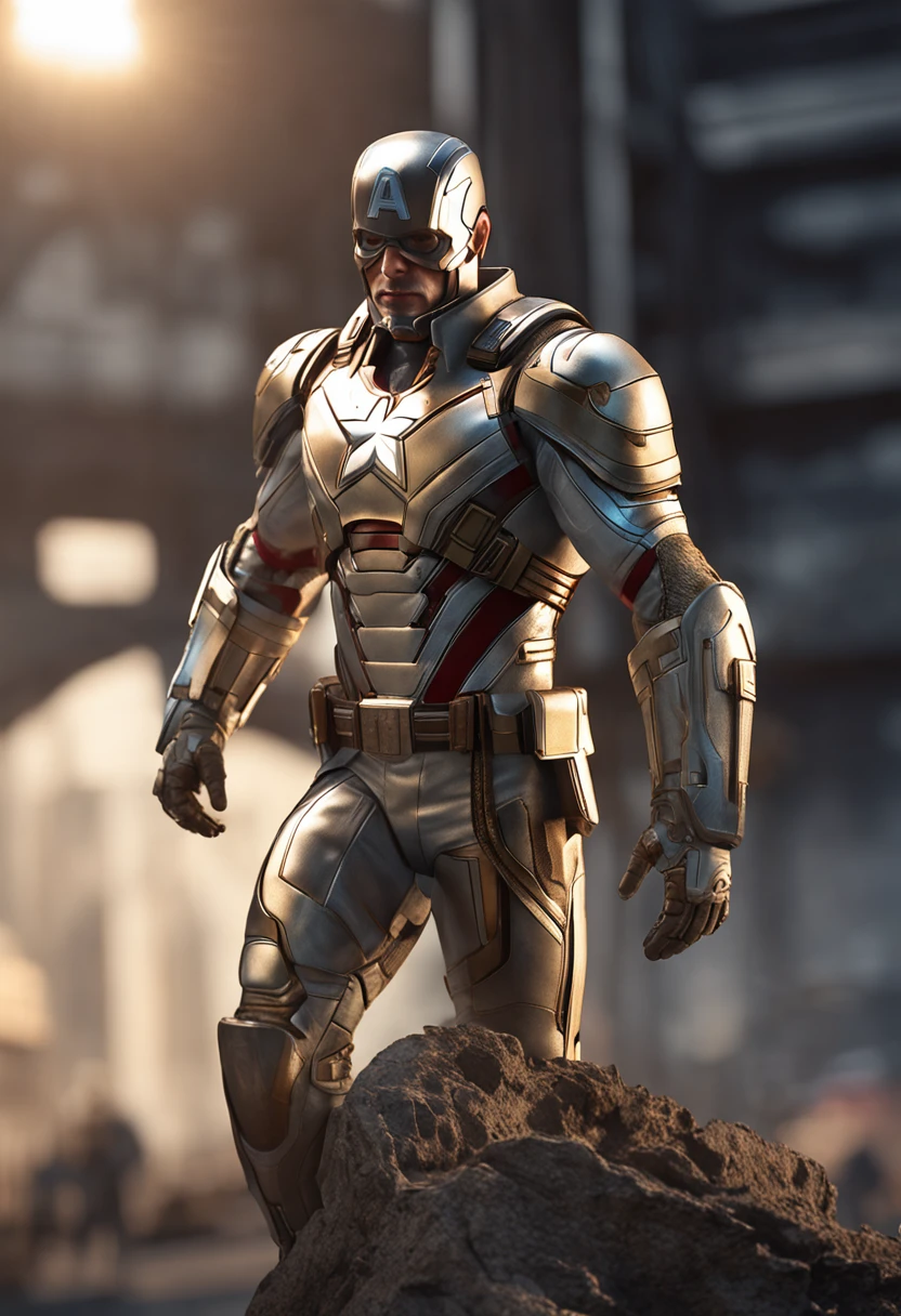 full body shot of captain america  in white and gold armour style suit, no mask on, white cape, looking at center camera, perfect composition, beautiful detailed intricate insanely detailed octane render trending on artstation, 8 k artistic photography, photorealistic concept art, soft natural volumetric cinematic perfect light, chiaroscuro, award - winning photograph, masterpiece, oil on canvas, raphael, caravaggio, greg rutkowski, beeple, beksinski, giger, trending on artstation, sharp focus, studio photo, intricate details, highly detailed, night city background, by greg rutkowski