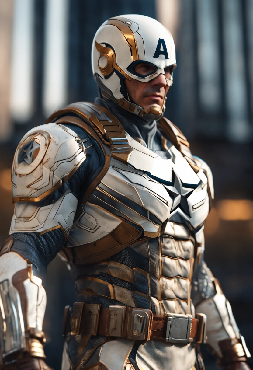 full body shot of captain america in white and gold armour style suit, no mask on, white cape, looking at center camera, perfect composition, beautiful detailed intricate insanely detailed octane render trending on artstation, 8 k artistic photography, photorealistic concept art, soft natural volumetric cinematic perfect light, chiaroscuro, award - winning photograph, masterpiece, oil on canvas, raphael, caravaggio, greg rutkowski, beeple, beksinski, giger, trending on artstation, sharp focus, studio photo, intricate details, highly detailed, night city background, by greg rutkowski