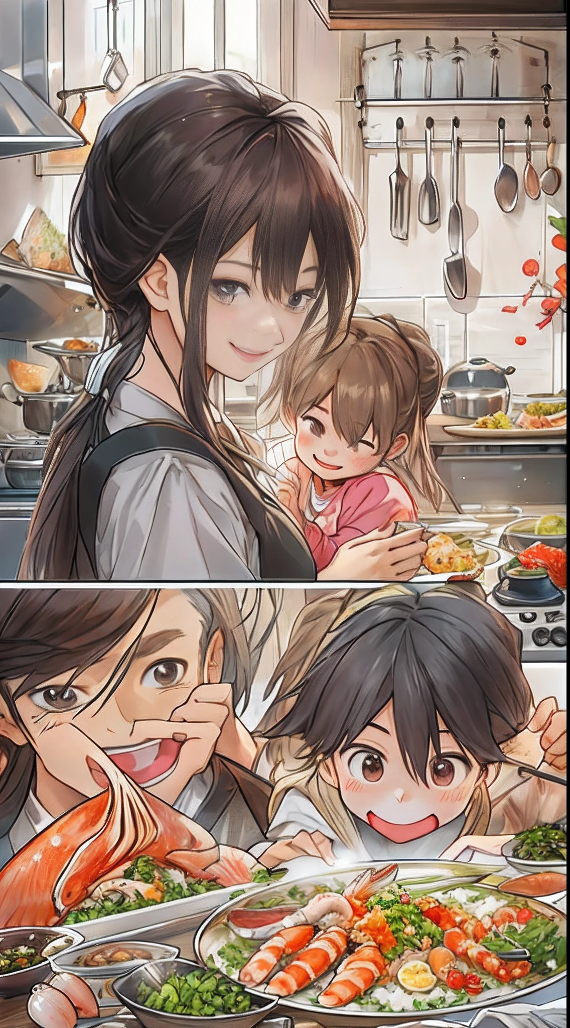 A warm family gathering in a cozy kitchen, enjoying a delicious seafood feast together. The kitchen is filled with enticing aroma, and the table is covered with a variety of mouthwatering seafood dishes. The family members have joyful smiles on their faces as they savor the food, creating a warm and welcoming atmosphere. ,in the style of the stars art group xing xing, 32k, best quality, masterpiece, super detail, high details