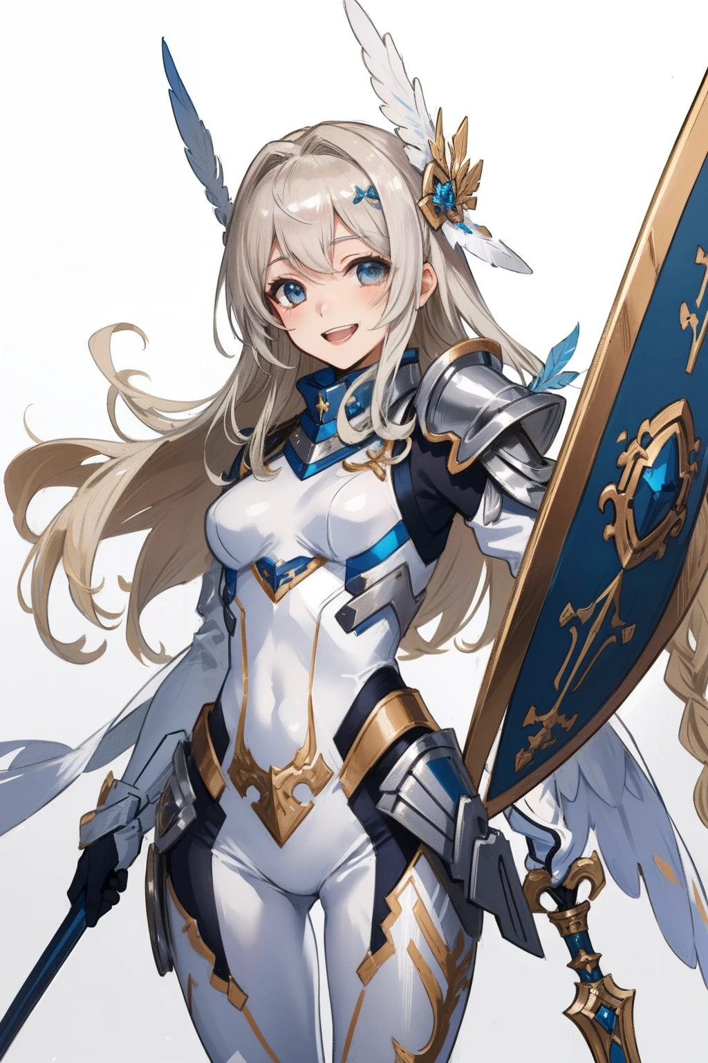 (master piece, Best Quality), Intricate details, valkyrie, kawaii, Happy smile, (((Laugh))), Hand up, Looking at Viewer, Feather Headgear, Flower meadow,
1 girl in, Solo, Portrait, Tentacle Plutinum Blonde Hair, droopy copper eyes, Silver Single Thigh, White Independent Single Sleeve, gloves, Single braid,
mecha musume, White bodysuit, Silver Reinforced Suit, Mini Feather Wing, silver pantyhose, full armor, flower decoration, equip sword, equip shield