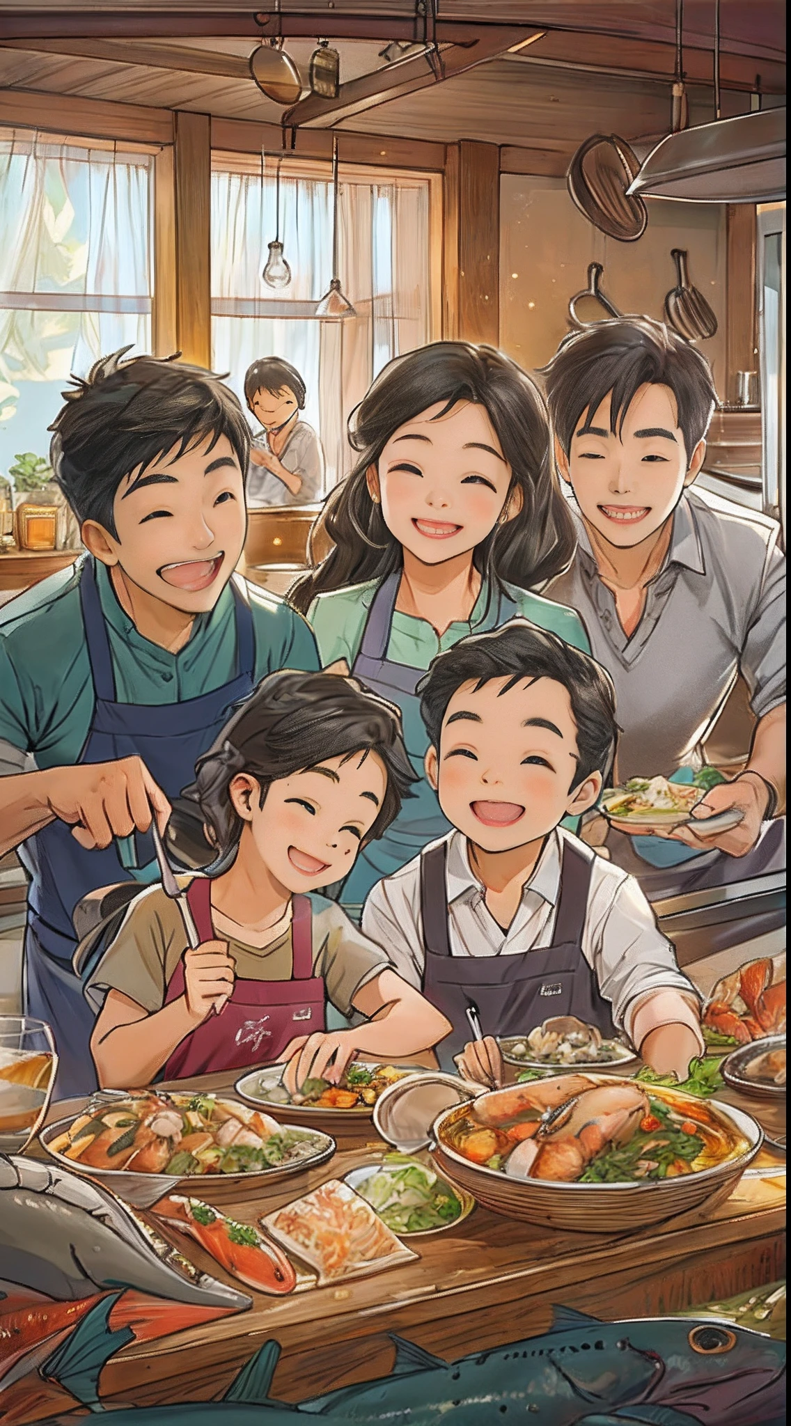 A warm family gathering in a cozy kitchen, enjoying a delicious seafood feast together. The kitchen is filled with enticing aroma, and the table is covered with a variety of mouthwatering seafood dishes. The family members have joyful smiles on their faces as they savor the food, creating a warm and welcoming atmosphere. ,in the style of the stars art group xing xing, 32k, best quality, masterpiece, super detail, high details