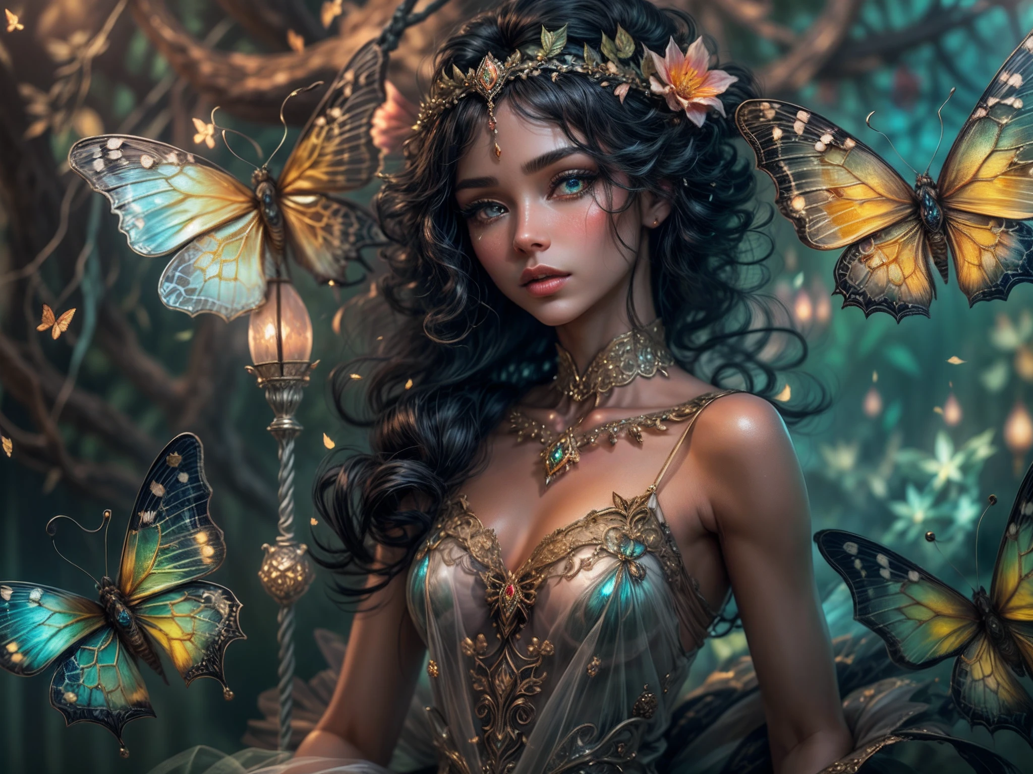 This is a realistic fantasy masterpiece with lots of shimmer, glitter, and intricate ornate detail. Generate one petite woman with a beautiful and delicate crown sitting on a garden swing at night. She is a beautiful and seductive butterfly queen with stunning curly black hair, (((incredibly realistic and detailed dynamic eyes in bright colors with realistic shading))).  Her skin is translucent white, her eyes sparkle, and her dress is elegant. Her dress is spun of the finest gossamer silk with delicate, intricate, and subtle floral detailing and gold silk butterfly sleeves. Her face is lovely and lonely. Include glow-in-the-dark flowers, lots of particles, highly realistic fantasy butteflies with translucent jewel-toned wings and fine detailing, and glow. The artwork is done in the style of Guviz and brings to mind masters in the genre such as trending fantasy works on Artstation and Midjourney. Camera: Utilize dynamic composition techniques to emphasize etherealness and delicate detail.