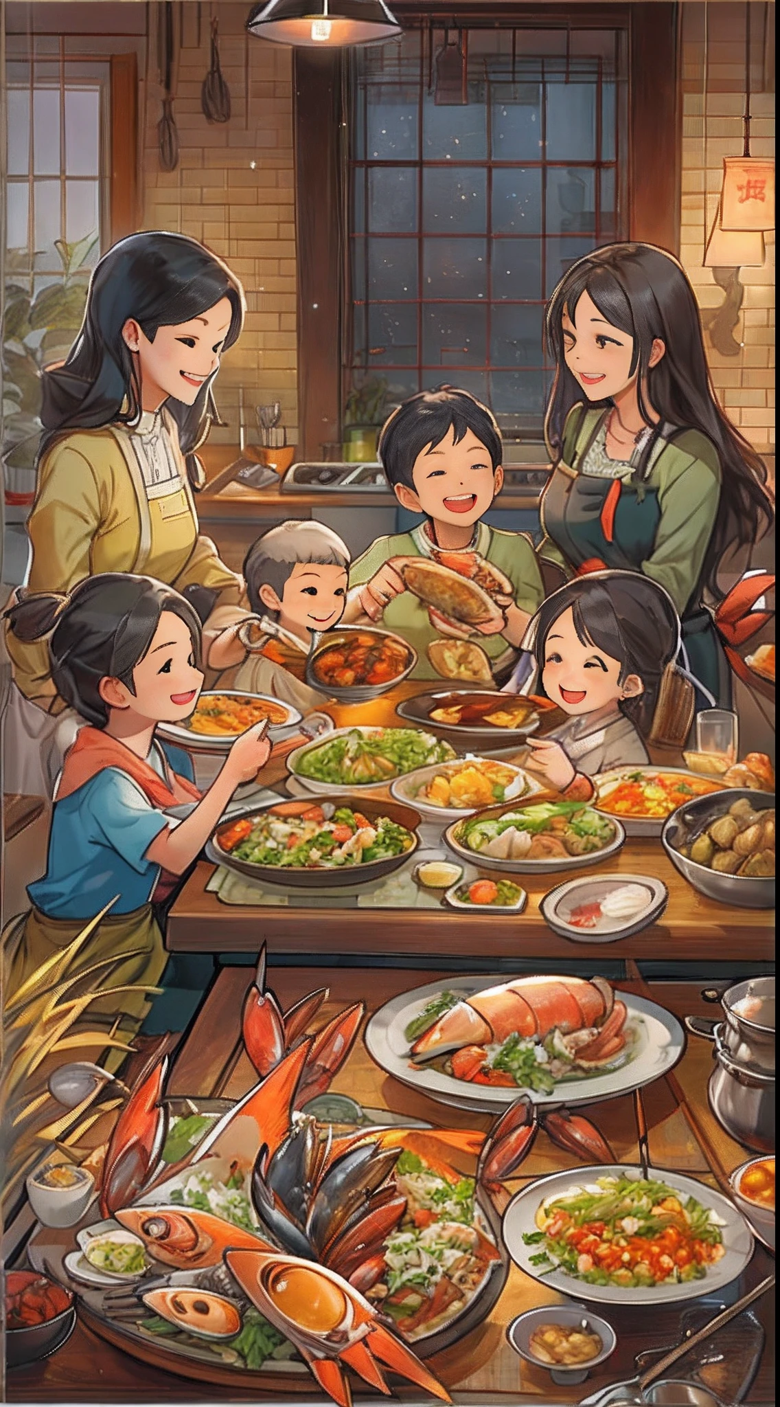 Create a heartwarming Studio Ghibli-style scene of a family gathered around a dinner table, raising their glasses for a toast. The parents sit at the center, surrounded by their adult children, who are joined by their spouses. Everyone is smiling and enjoying the moment, with glasses raised in celebration. The table is filled with delicious food, and the room is cozy and warmly lit with soft lighting. The environment exudes a sense of love, togetherness, and family bonds. The detailed background includes elements like wooden furniture, family photos on the walls, and a gentle evening light streaming through a window, enhancing the warm and festive atmosphere.