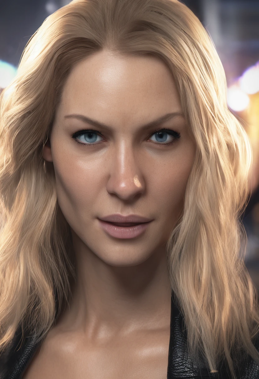 KannsGenerate a hyper-realistic, high-resolution (4K or higher) portrait of a human. The subject should be a female in her mid-20s, with medium-length straight blonde hair, blue eyes, and a fair skin tone. She should be dressed in modern, stylish attire consisting of a black leather jacket and a dark shirt. Position her in a dimly lit setting with a dark, blurred background to focus on the subject. The lighting should be directional but soft, coming from a 45-degree angle to create a dramatic effect on her face. Her expression should be intense and enigmatic, with a subtle, closed-mouth smile. The style should be photorealistic with a contemporary, edgy feel, similar to the example provided. Please pay close attention to textures and fine details such as skin pores, individual strands of hair, and the texture of her clothing. The image should look as if it was taken by a high-end DSLR camera with a prime lens.