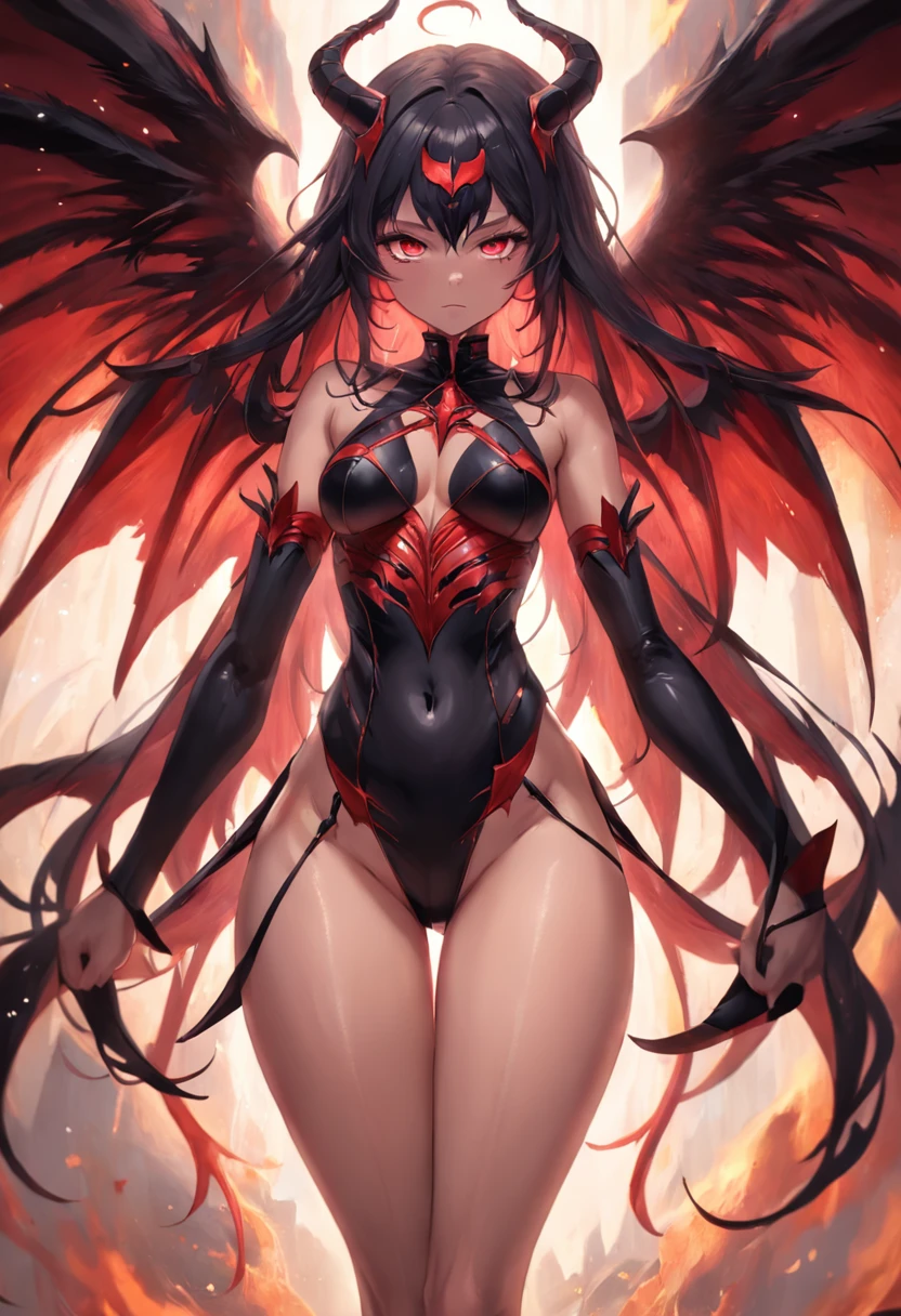 Crie uma succubus. Ela deve ter pele vermelha, symmetrical face, chifres retorcidos, olhos completamente negros, cabelos longos e negros. Seu corpo deve ter seios grandes, cintura fina, quadris largos e coxas grossas. She must possess a pair of demonic wings located on her back and a tail with an arrow at the tip.