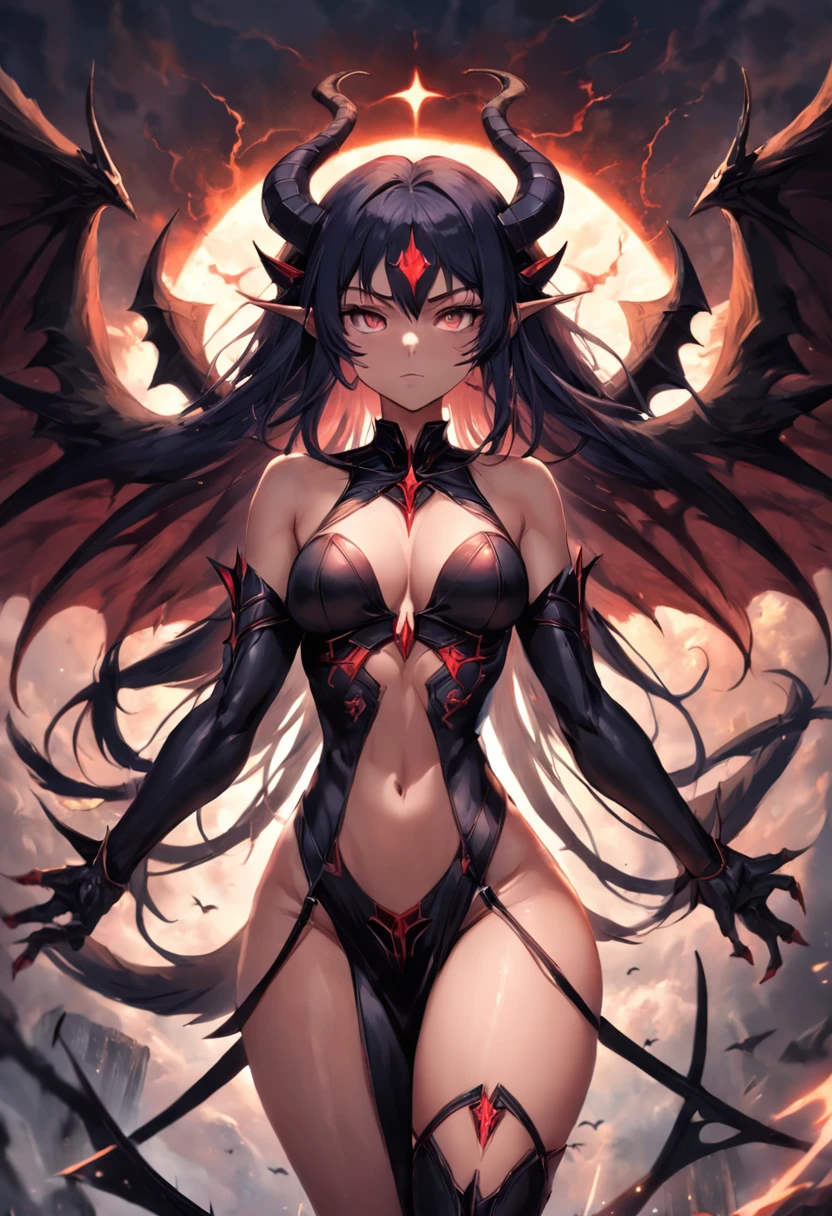 Crie uma succubus. Ela deve ter pele vermelha, symmetrical face, chifres retorcidos, olhos completamente negros, cabelos longos e negros. Seu corpo deve ter seios grandes, cintura fina, quadris largos e coxas grossas. She must possess a pair of demonic wings located on her back and a tail with an arrow at the tip.