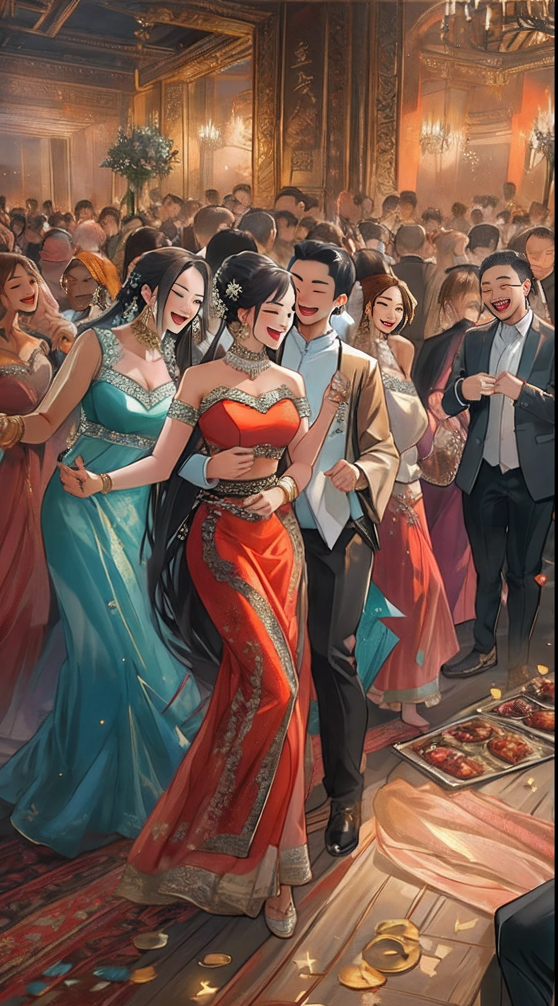 A crowded and lively party scene, people talking and laughing, a beautifully decorated venue filled with passion and celebration, ,in the style of the stars art group xing xing, 32k, best quality, masterpiece, super detail, high details