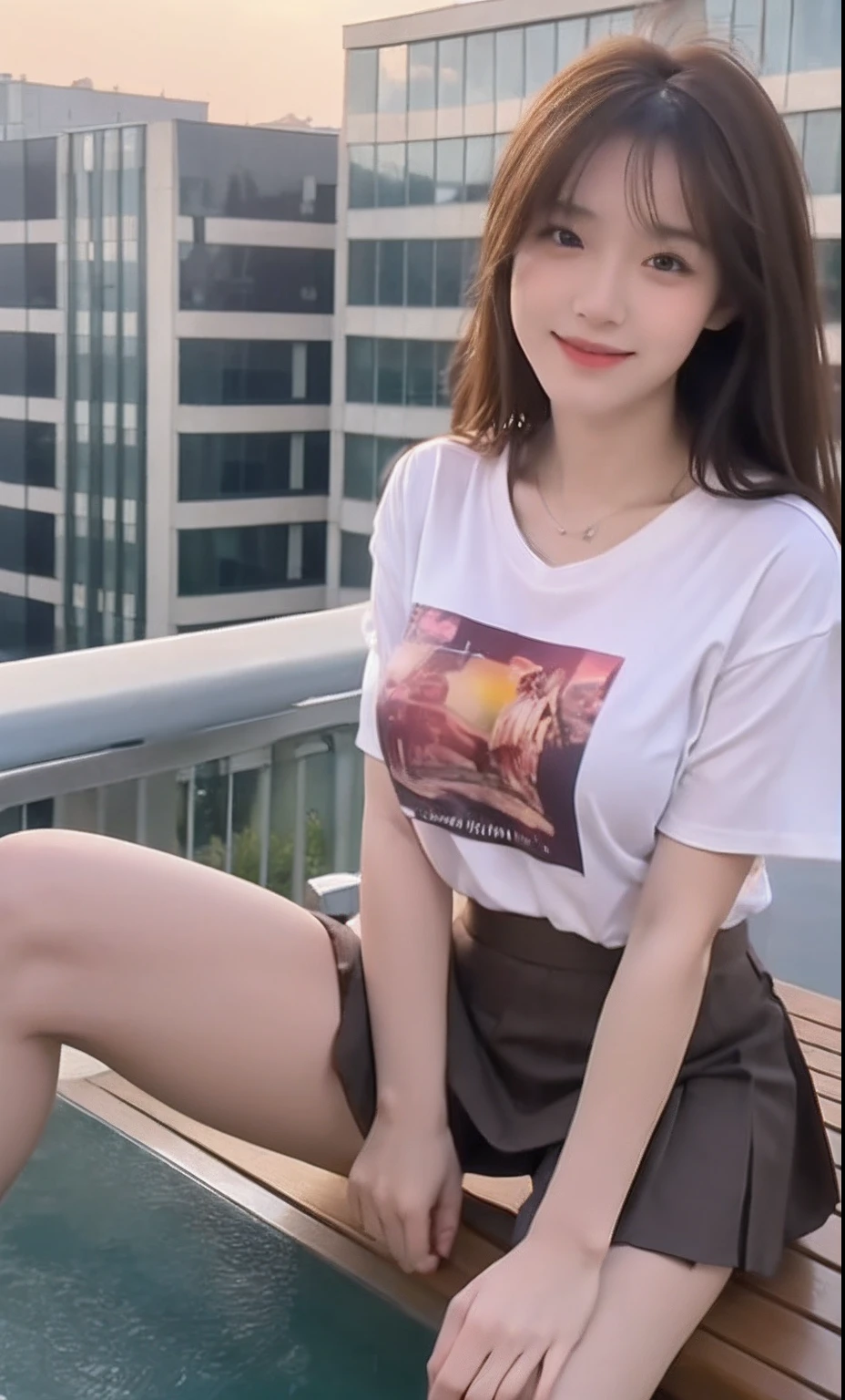 ((Winters, Best Quality, 8K, masutepiece :1.3)), Whole body, Long legs, Sharp Focus :1.2, A pretty woman with perfect figure :1.3, Slender Abs, slender thigh :1.1, ((dark brown hair, Big breasts :1.2)), (tshirts, a miniskirt, Sitting :1.2), ((Sunset, balconies :1.3)), Highly detailed face and skin texture, Detailed eyes, 二重まぶた, Smile, cleavage