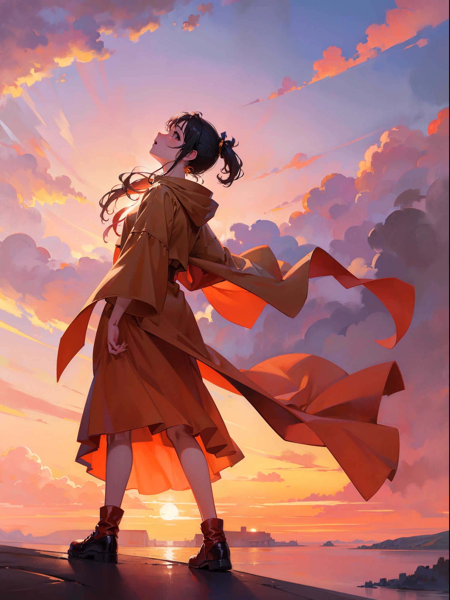 Landscape painting、pale color、Orange sunset、Girl looks up at the sky、4K、clouds