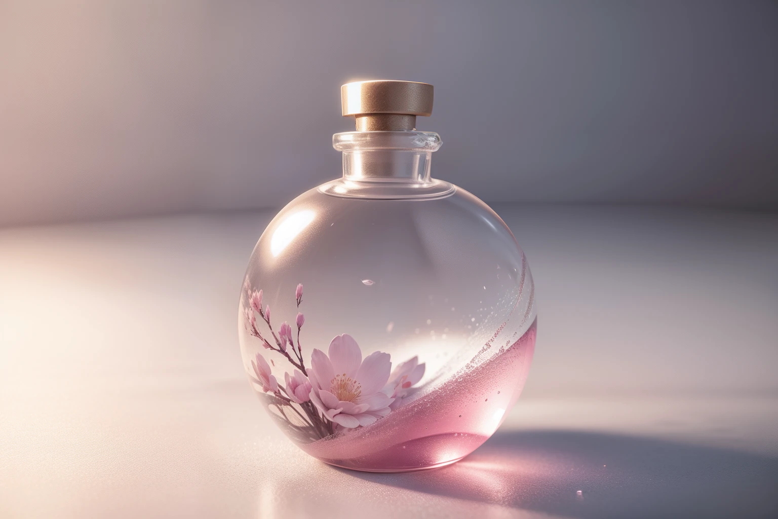 Perfume glass bottle，Model in 3D and texture with realistic materials. It has an oval body and a silver hat. It is filled with a pink liquid that smells like cherry blossoms. The bottle is swirling on a white background，With some text and logo.
