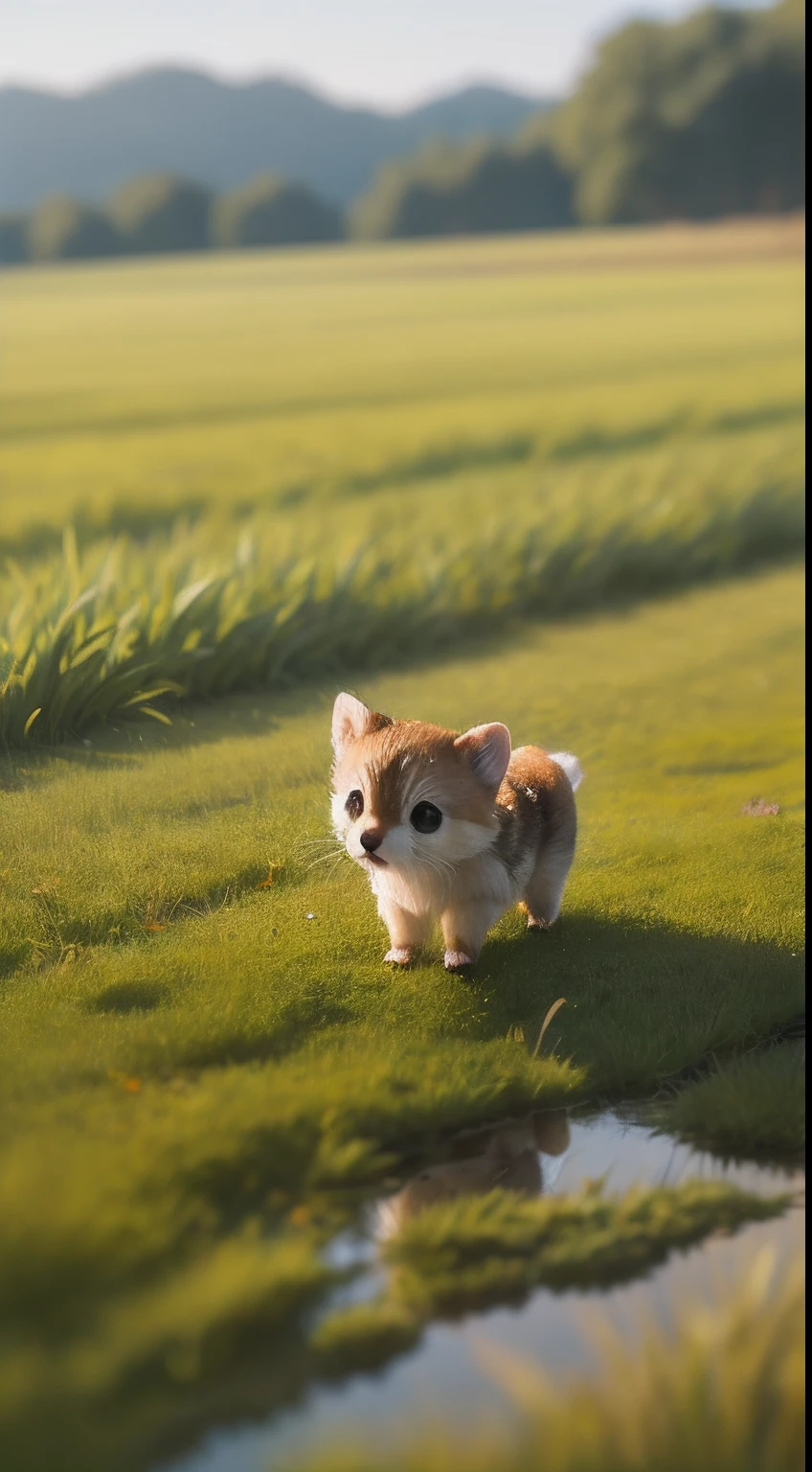 Early morning atmosphere, beautiful natural landscape, thick grass, macro photography in the grass, dew drops with reflection, very small cute creatures in macro photography scurrying in the grass about their little business, macro photography, a lot of small furry creatures, small furry things