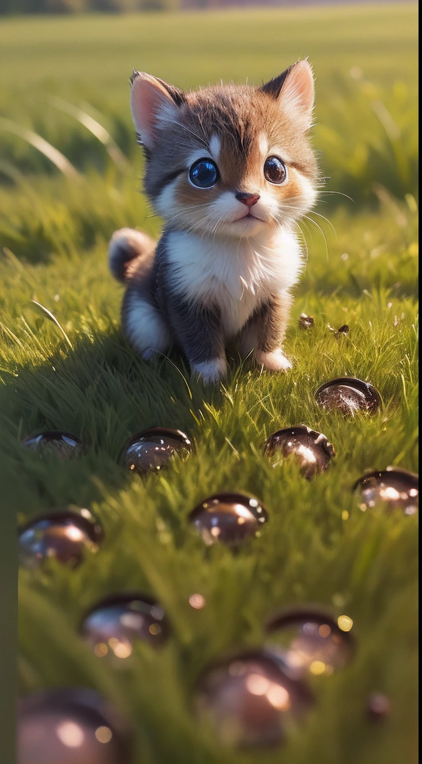 Early morning atmosphere, beautiful natural landscape, thick grass, macro photography in the grass, dew drops with reflection, very small cute creatures in macro photography scurrying in the grass about their little business, macro photography, a lot of small furry creatures, small furry things
