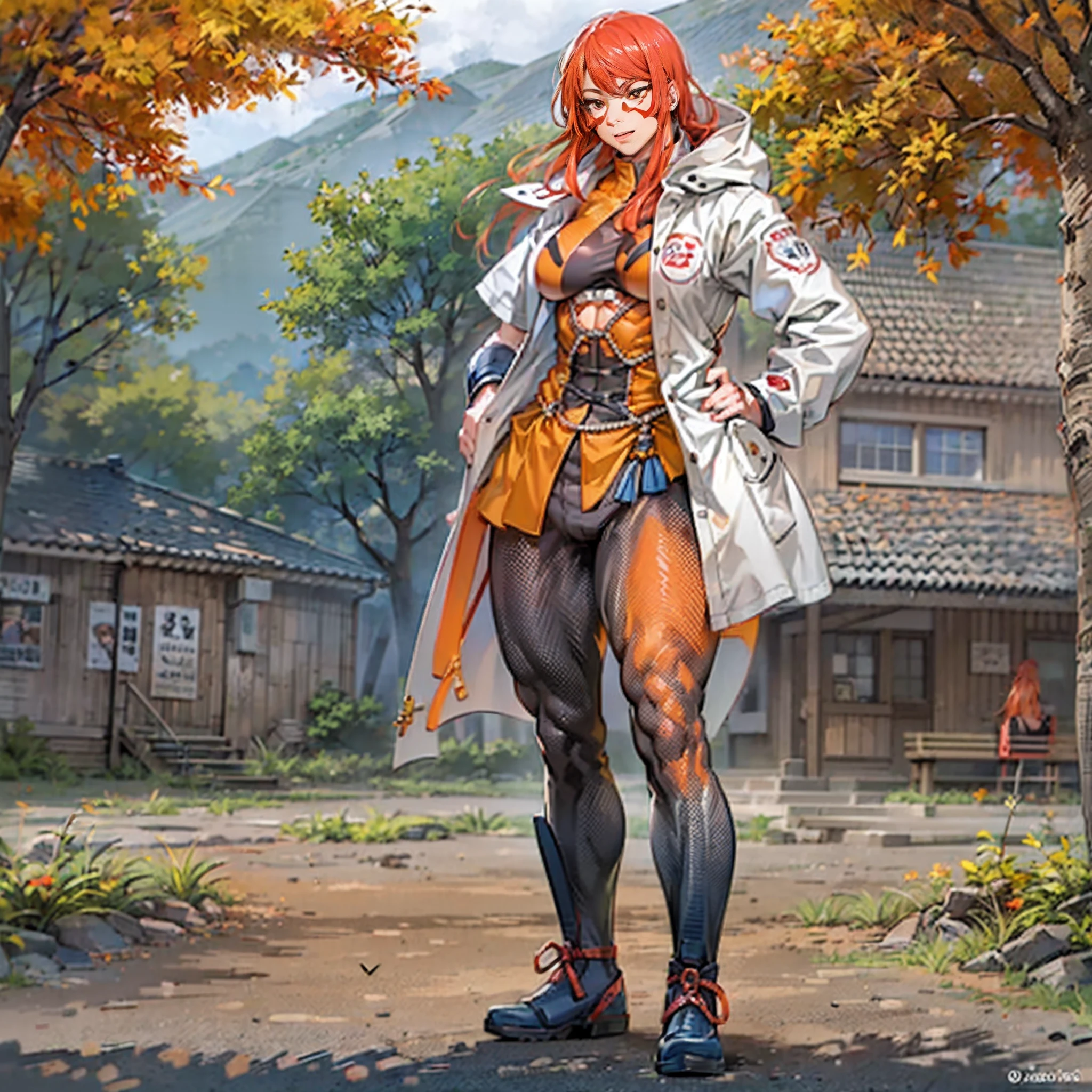 ((Masterpiece:1.3)), ((Best quality:1.4)), nous, Maintenant, grosse poitrine,bottes blanches, pantalon,manteau, Musclegirl, marche, sourire, cheveux longs, Contexte forestier, Ouest, portrait, Fuuma Kotaro,  Tenkaichi, Tall, muscular woman, orange Scarlet hair, veines sur les muscles