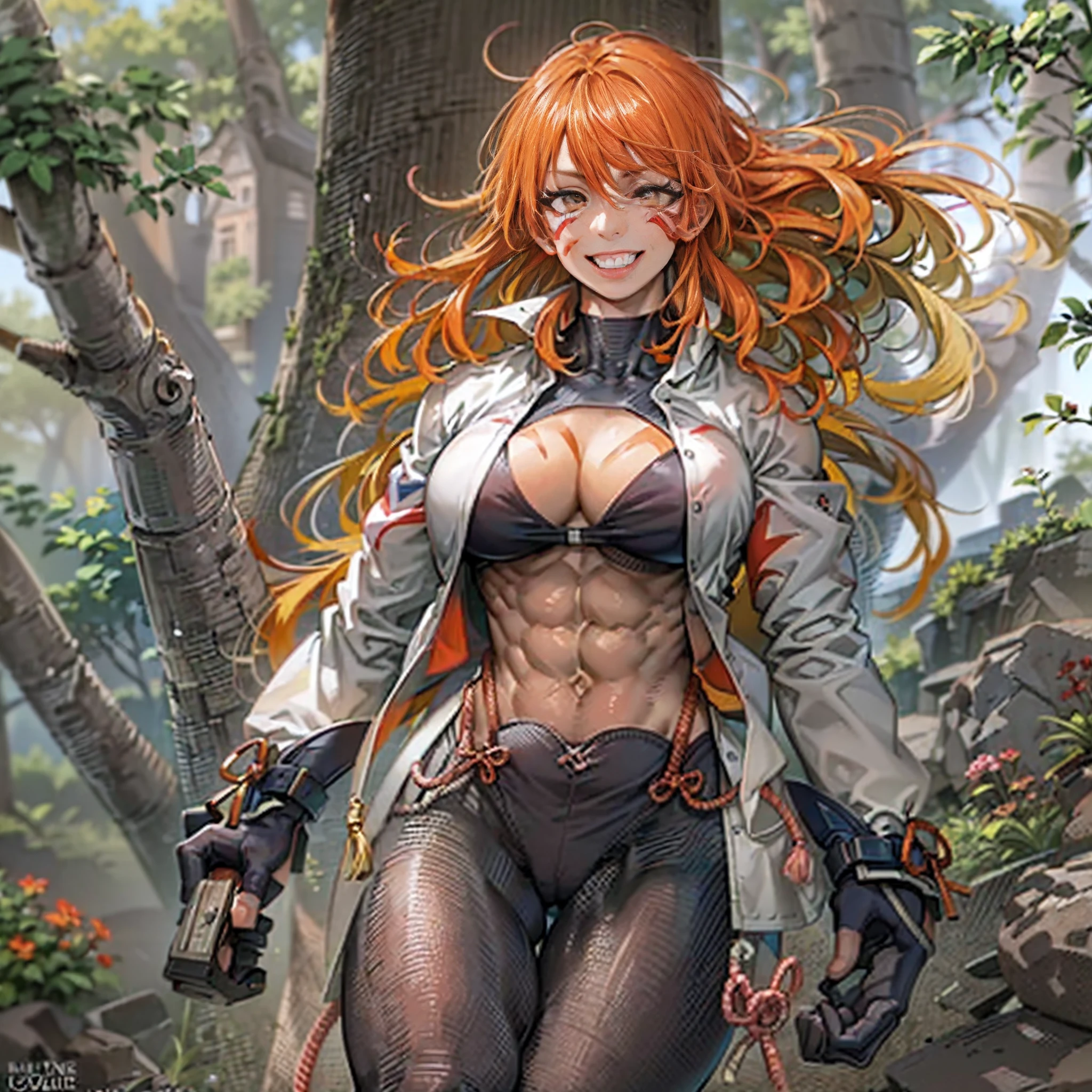 ((Masterpiece:1.3)), ((Best quality:1.4)), nous, Maintenant, grosse poitrine,bottes blanches, pantalon,manteau, Musclegirl, marche, sourire, cheveux longs, Contexte forestier, Ouest, portrait, Fuuma Kotaro, Tenkaichi, Tall, muscular woman, orange Scarlet hair, veines sur les muscles