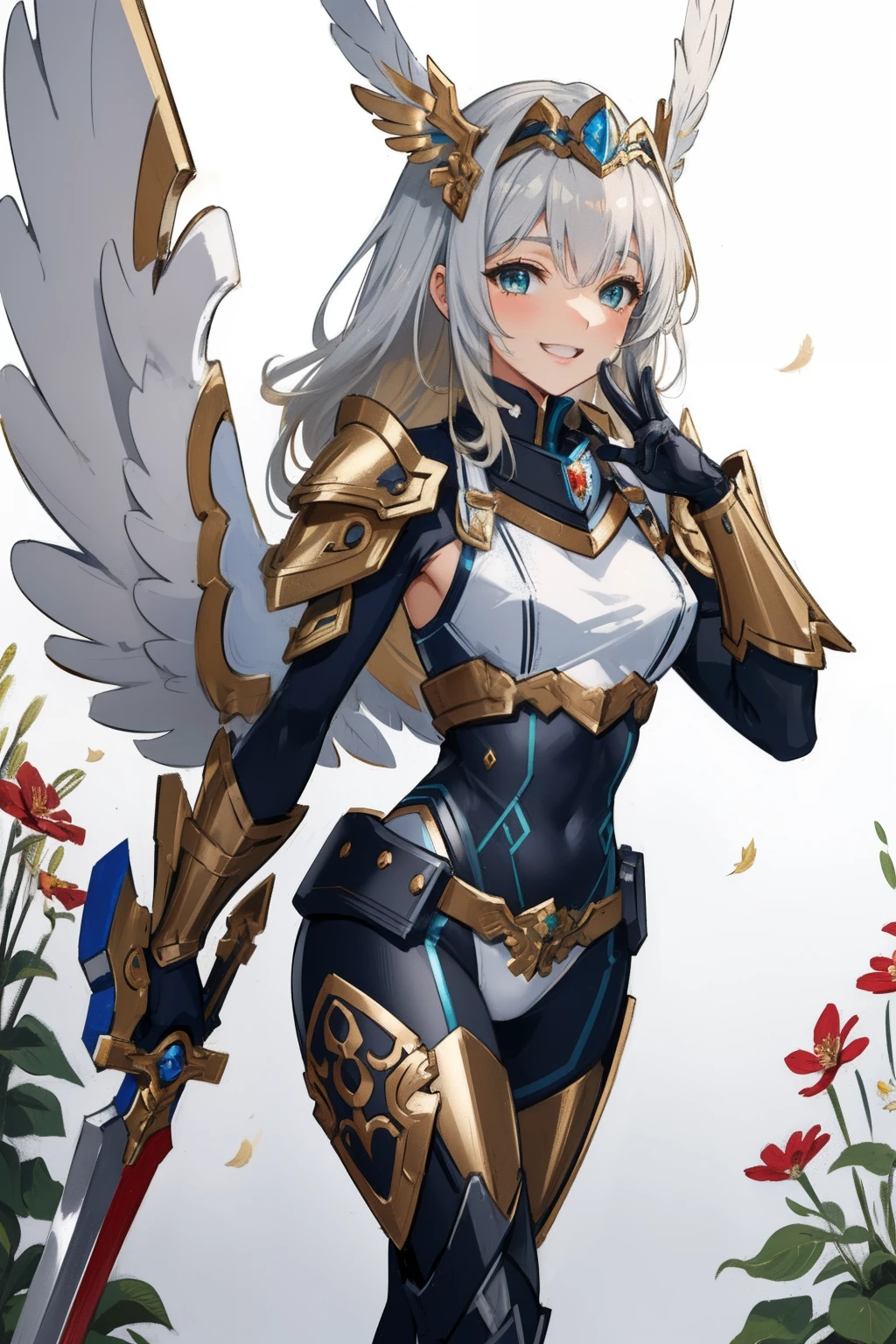 (​master piece, Best Quality),  Intricate details, valkyrie, kawaii, Happy smile, (((Laugh))), Hand up, Looking at Viewer, Feather Headgear, Flower meadow, 
1 girl in, Solo, Portrait, Tentacle Plutinum Blonde Hair, droopy copper eyes, Silver Single Thigh, White Independent Single Sleeve, gloves, Single braid, 
 mecha musume, White bodysuit, Silver Reinforced Suit, Mini Feather Wing, silver pantyhose, full armor, flower decoration, equip sword, equip shield