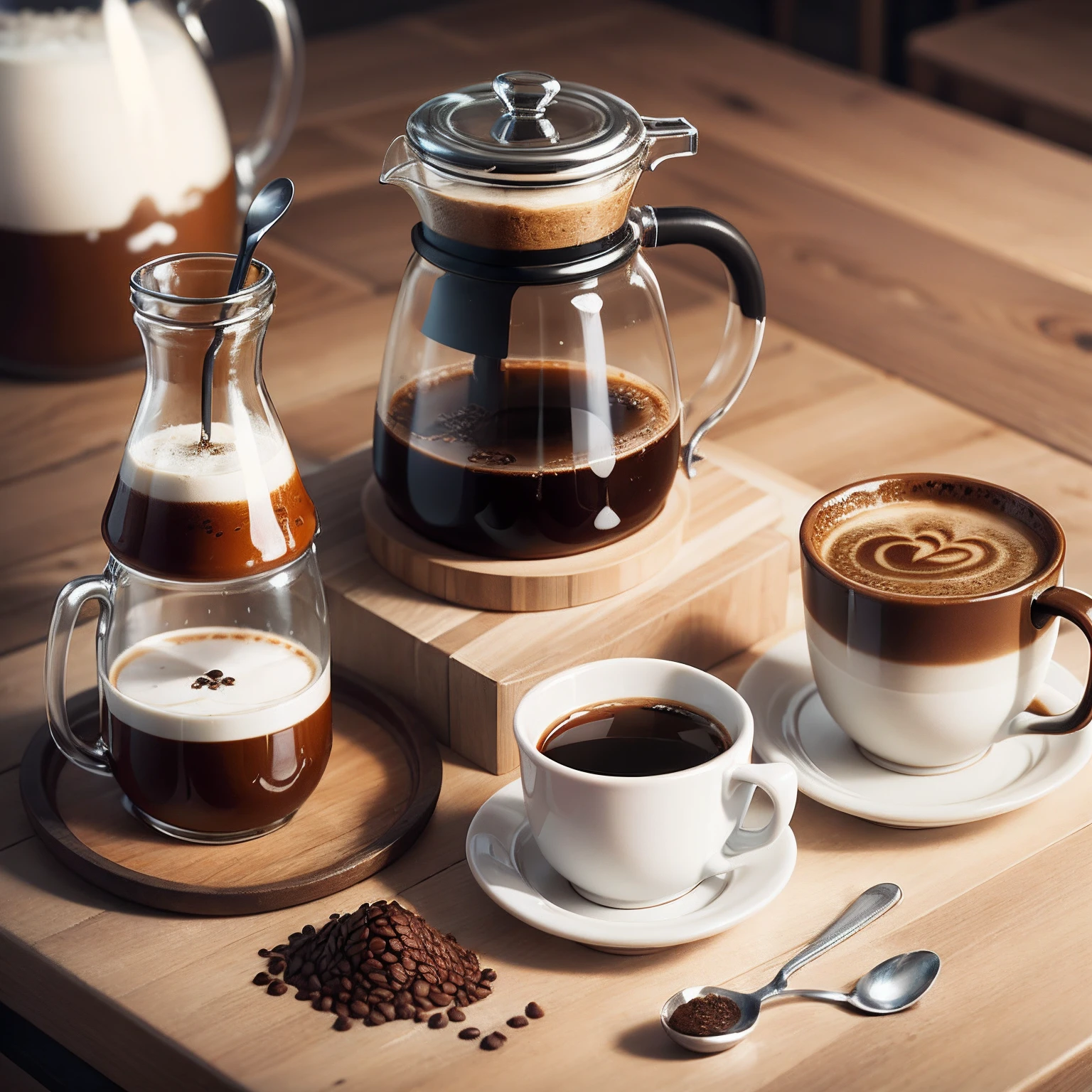 Pour coffee at different angles on the table with one hand，The coffee cup contains milk and half of the coffee and ice，There is a range of coffee supplies on the table