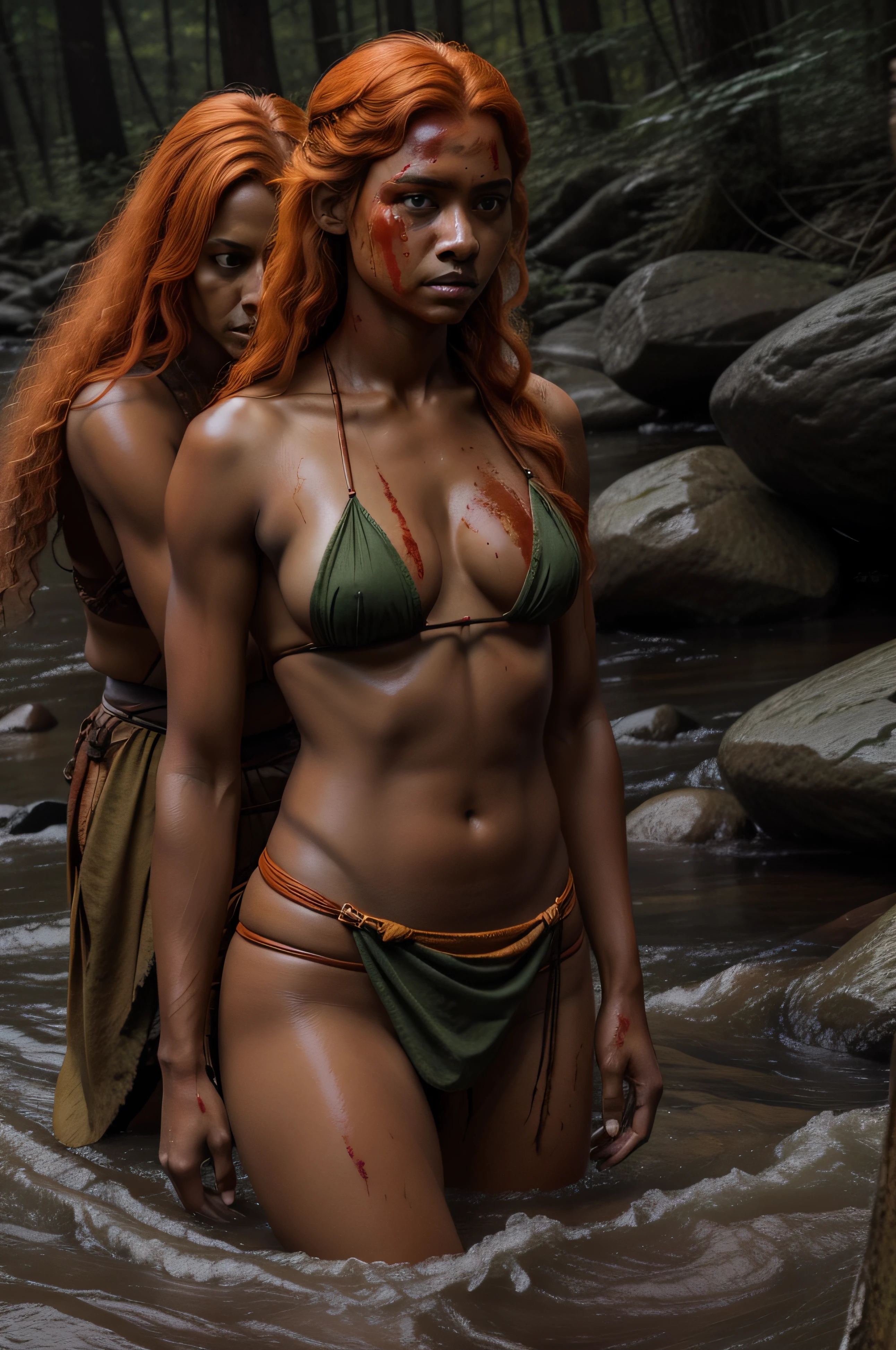 A handsome female with an extremely long orange-haired lady and light brown skin, dressed in a small green loincloth and covered in blood. Crossing a wild blood river