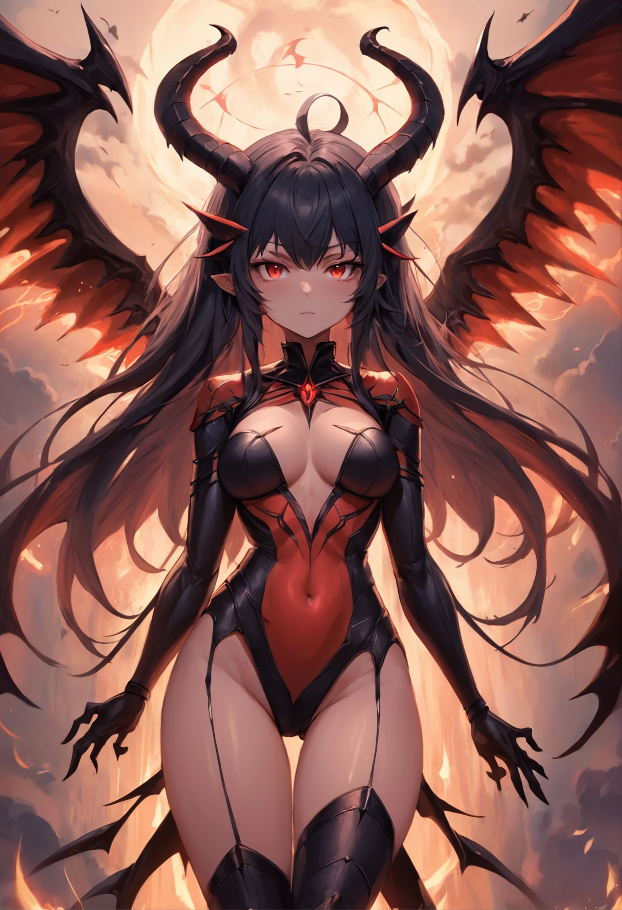 Crie uma succubus. Ela deve ter pele vermelha, symmetrical face, chifres retorcidos, olhos completamente negros, cabelos longos e negros. Seu corpo deve ter seios grandes, cintura fina, quadris largos e coxas grossas. She must possess a pair of demonic wings located on her back and a tail with an arrow at the tip.