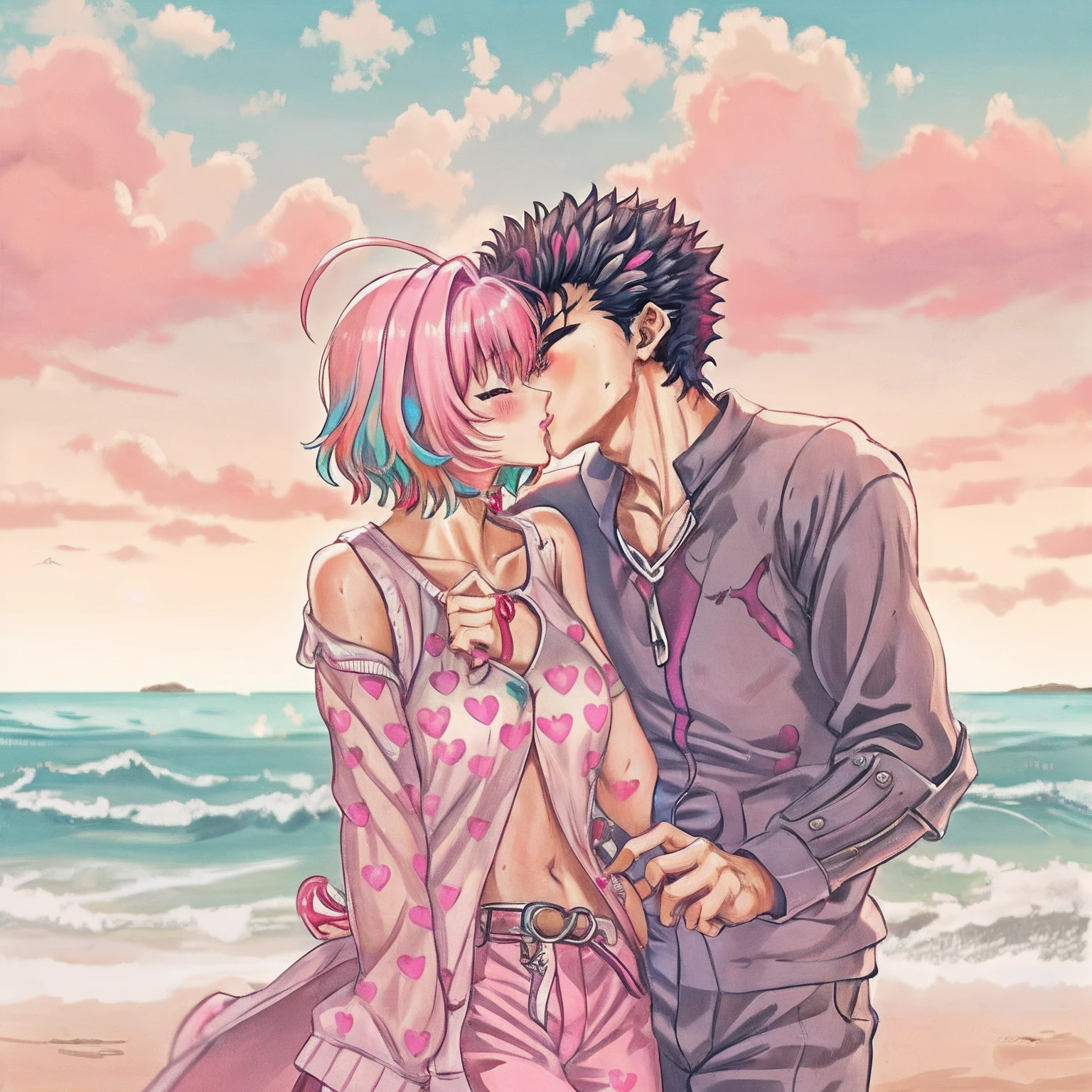 YumemiRiamu, 1girl, yumemi_riamu, naked_shirt,vest_print:,guts from berserk, guts and riamu being a lovey dovey couple very affective in a beach, guts with pants and pullover, love , happy, kiss french kiss