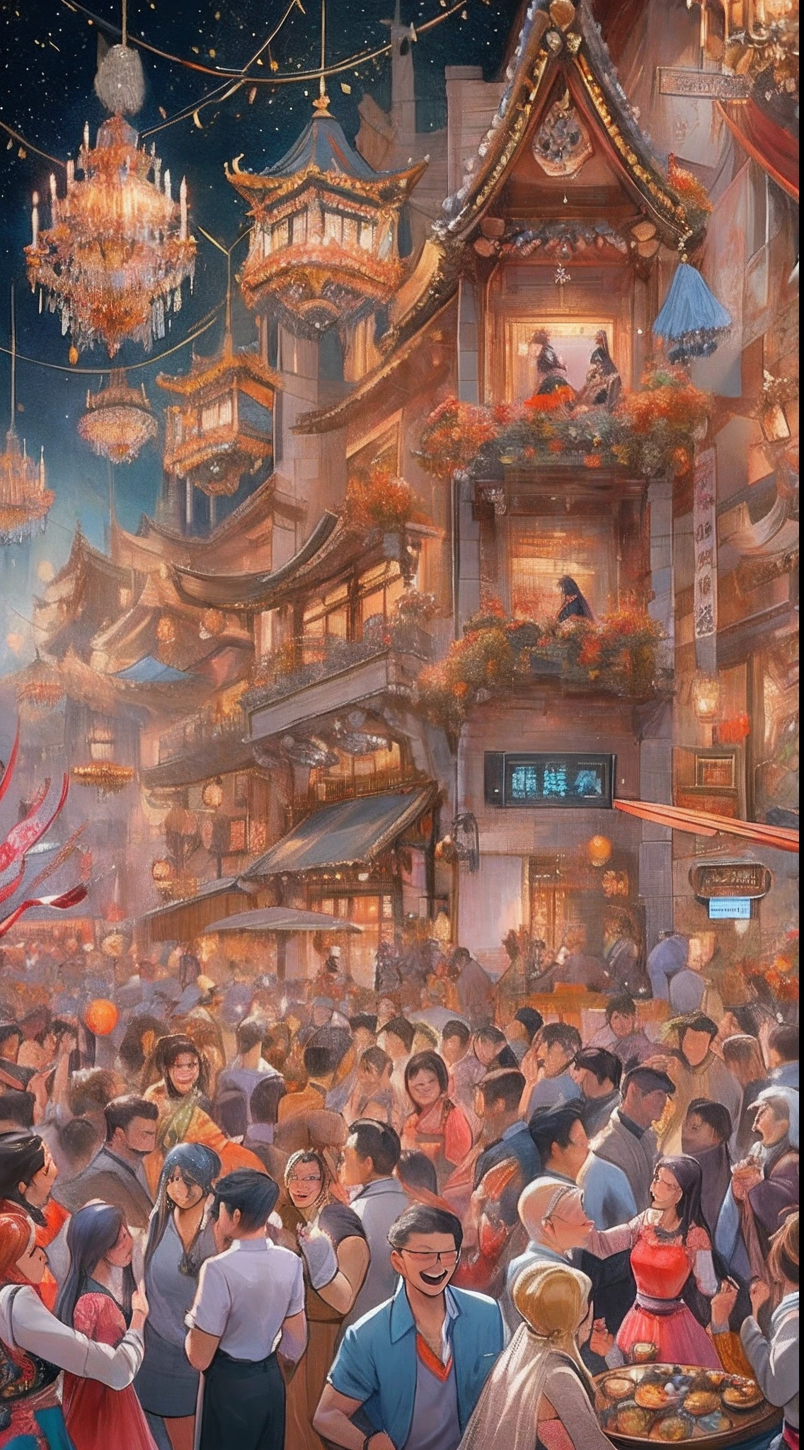A crowded and lively party scene, people talking and laughing, a beautifully decorated venue filled with passion and celebration, ,in the style of the stars art group xing xing, 32k, best quality, masterpiece, super detail, high details