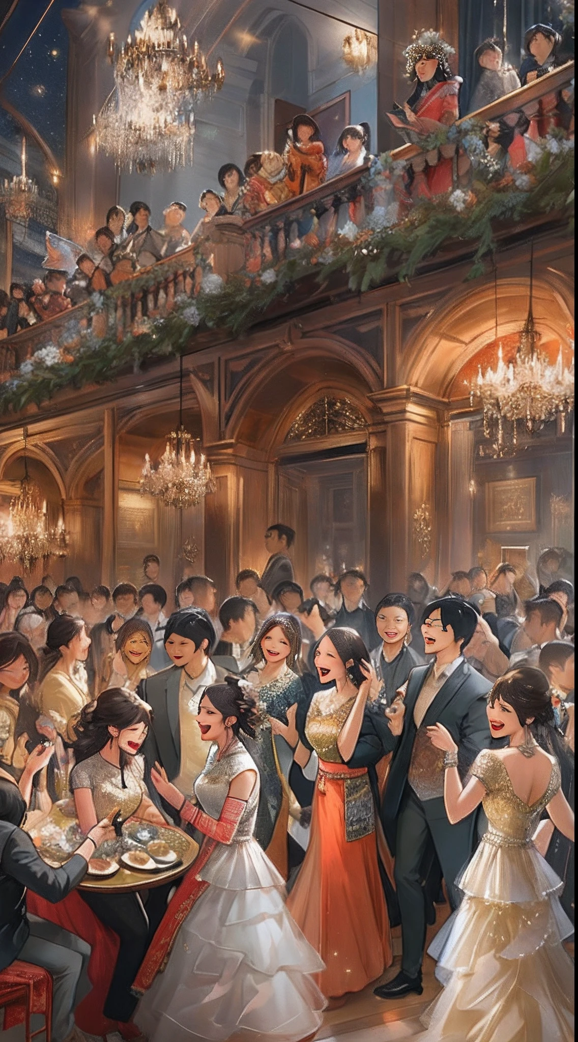 A crowded and lively party scene, people talking and laughing, a beautifully decorated venue filled with passion and celebration, ,in the style of the stars art group xing xing, 32k, best quality, masterpiece, super detail, high details