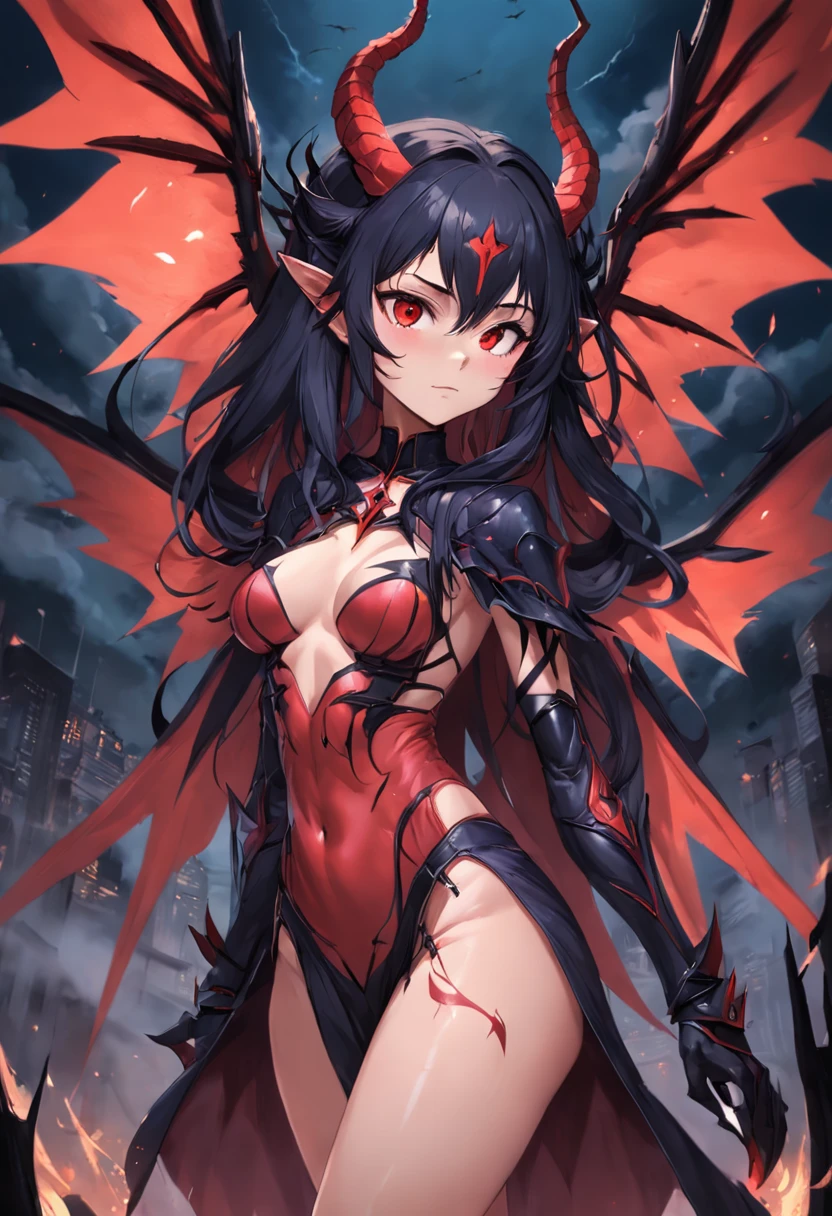 Crie uma succubus. Ela deve ter pele vermelha, symmetrical face, chifres retorcidos, olhos completamente negros, cabelos longos e negros. Seu corpo deve ter seios grandes, cintura fina, quadris largos e coxas grossas. She must possess a pair of demonic wings located on her back and a tail with an arrow at the tip.