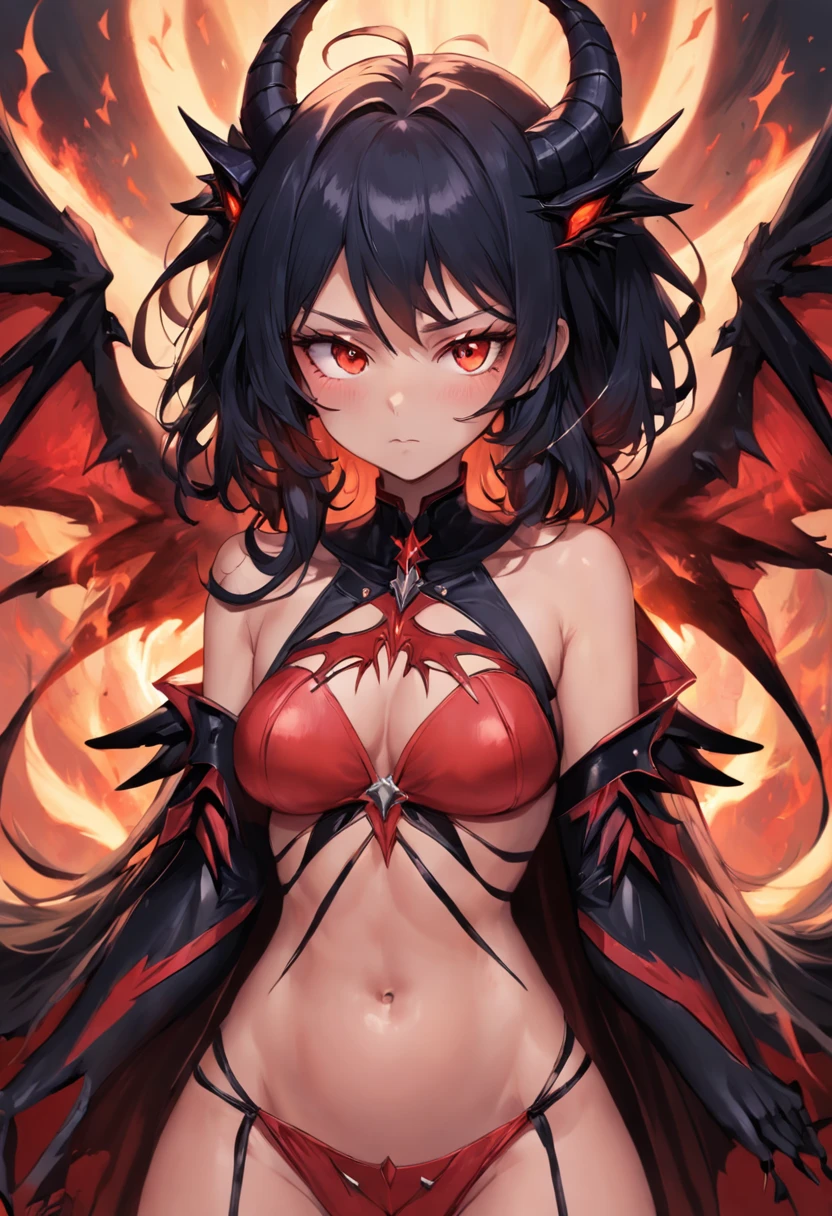 Crie uma succubus. Ela deve ter pele vermelha, symmetrical face, chifres retorcidos, olhos completamente negros, cabelos longos e negros. Seu corpo deve ter seios grandes, cintura fina, quadris largos e coxas grossas. She must possess a pair of demonic wings located on her back and a tail with an arrow at the tip.